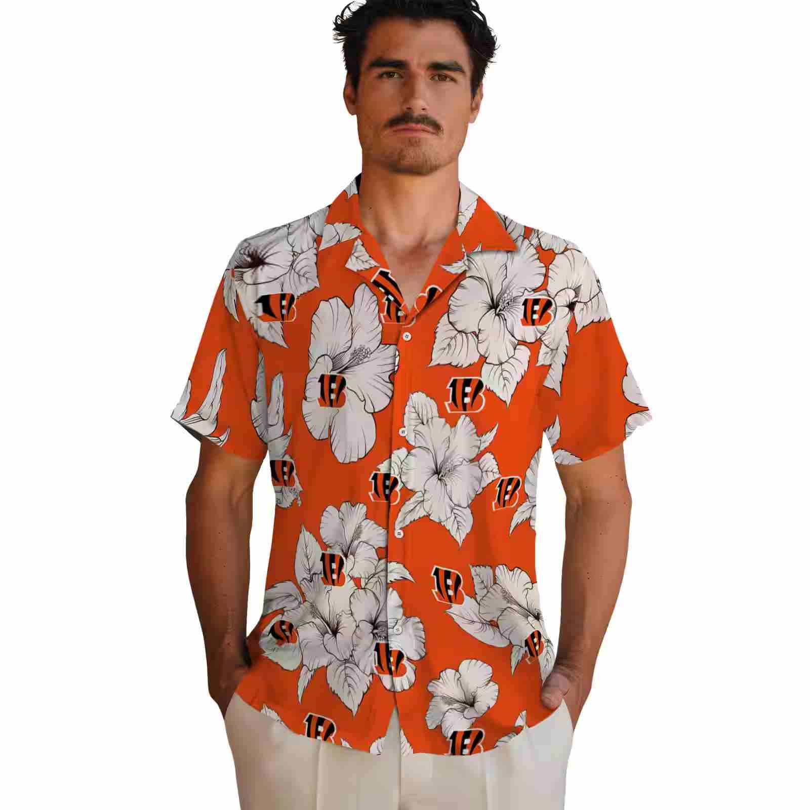 cincinnati bengals hibiscus blooms orange white hawaiian shirt fashion forward