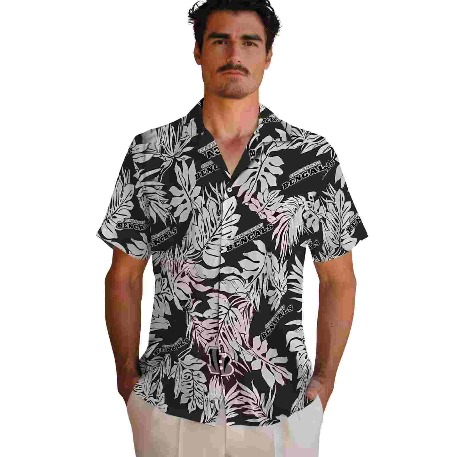 cincinnati bengals monstera leaf pattern black hawaiian shirt fashion forward