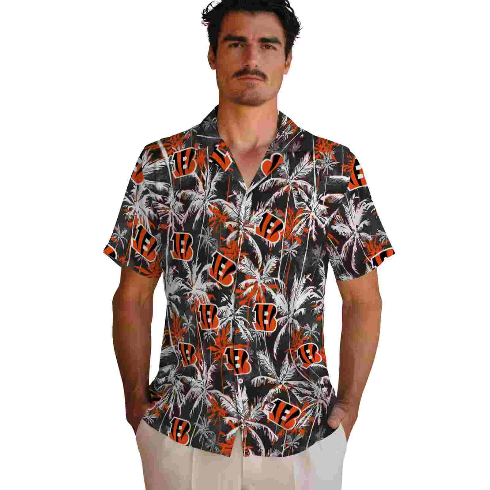 cincinnati bengals palm pattern orange black hawaiian shirt fashion forward