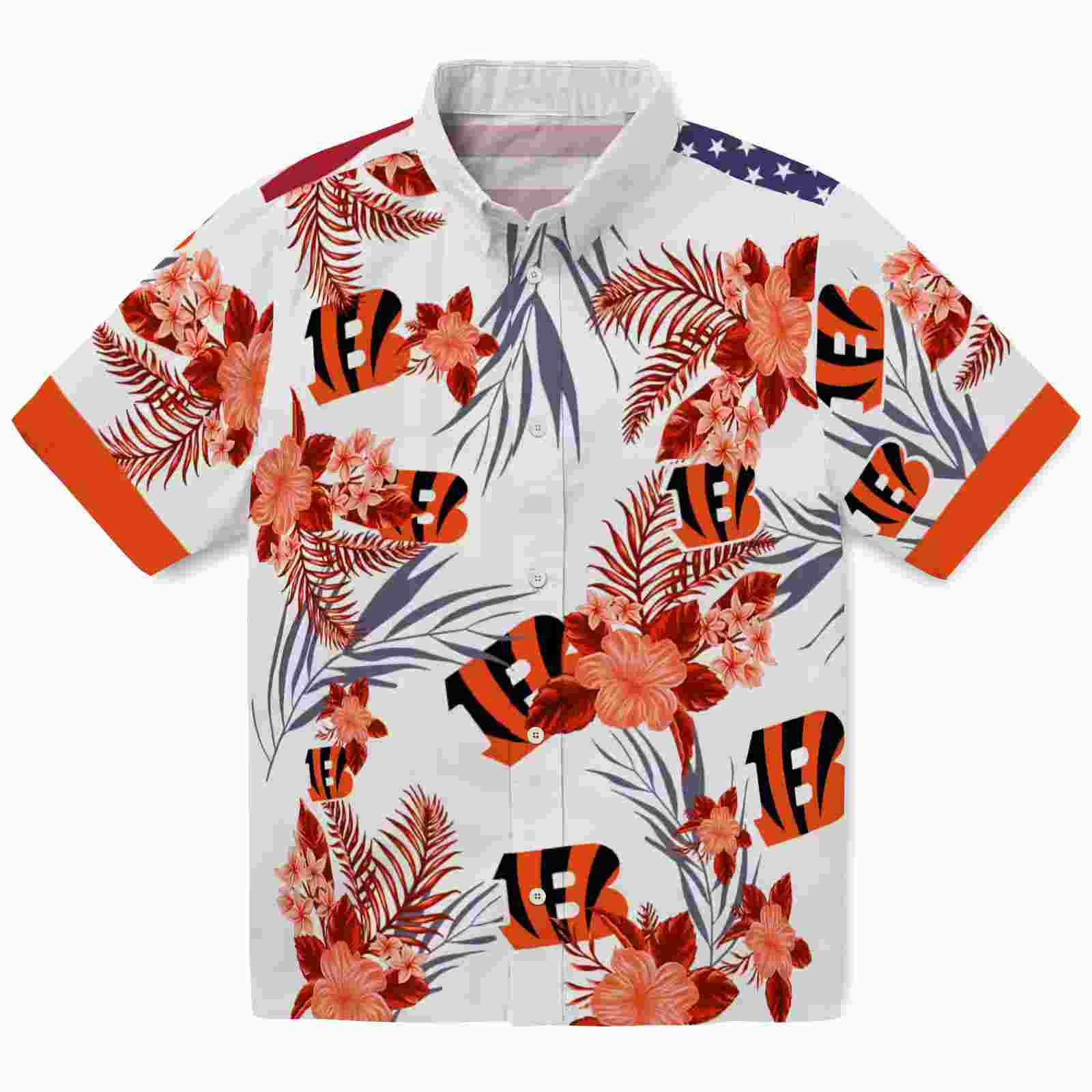 Cincinnati Bengals Patriotic Hibiscus Design Orange White Hawaiian Shirt