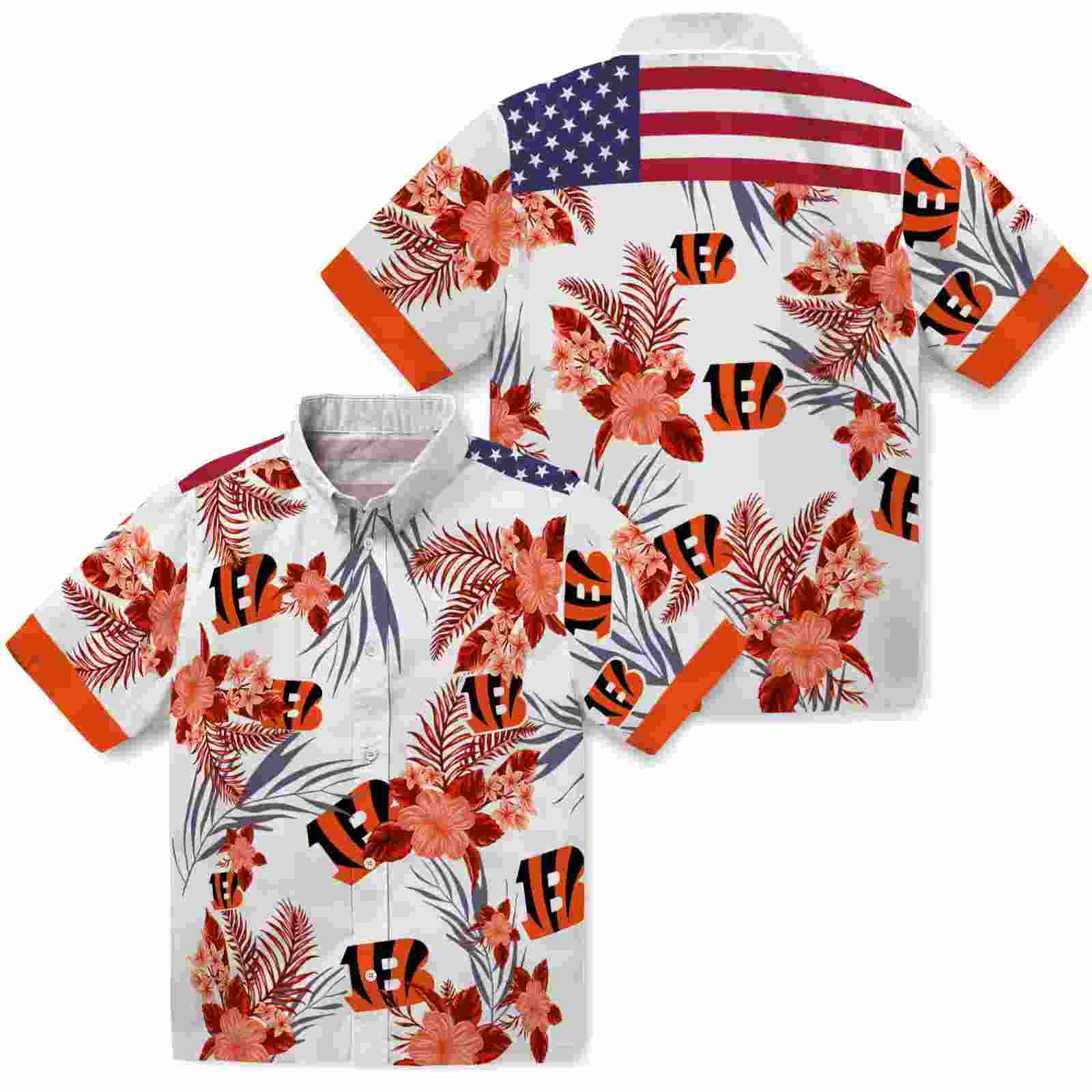 cincinnati bengals patriotic hibiscus design orange white hawaiian shirt high quality