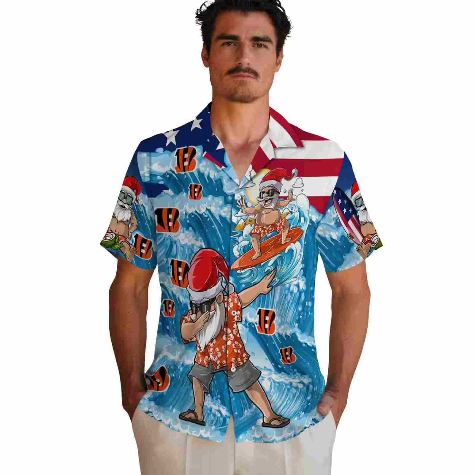 cincinnati bengals surfing santa blue hawaiian shirt fashion forward