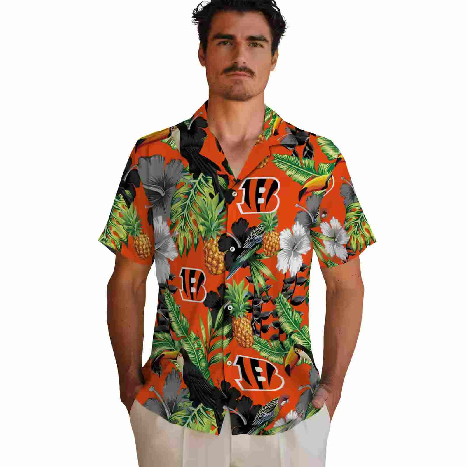 cincinnati bengals toucan hibiscus pineapple orange green hawaiian shirt fashion forward