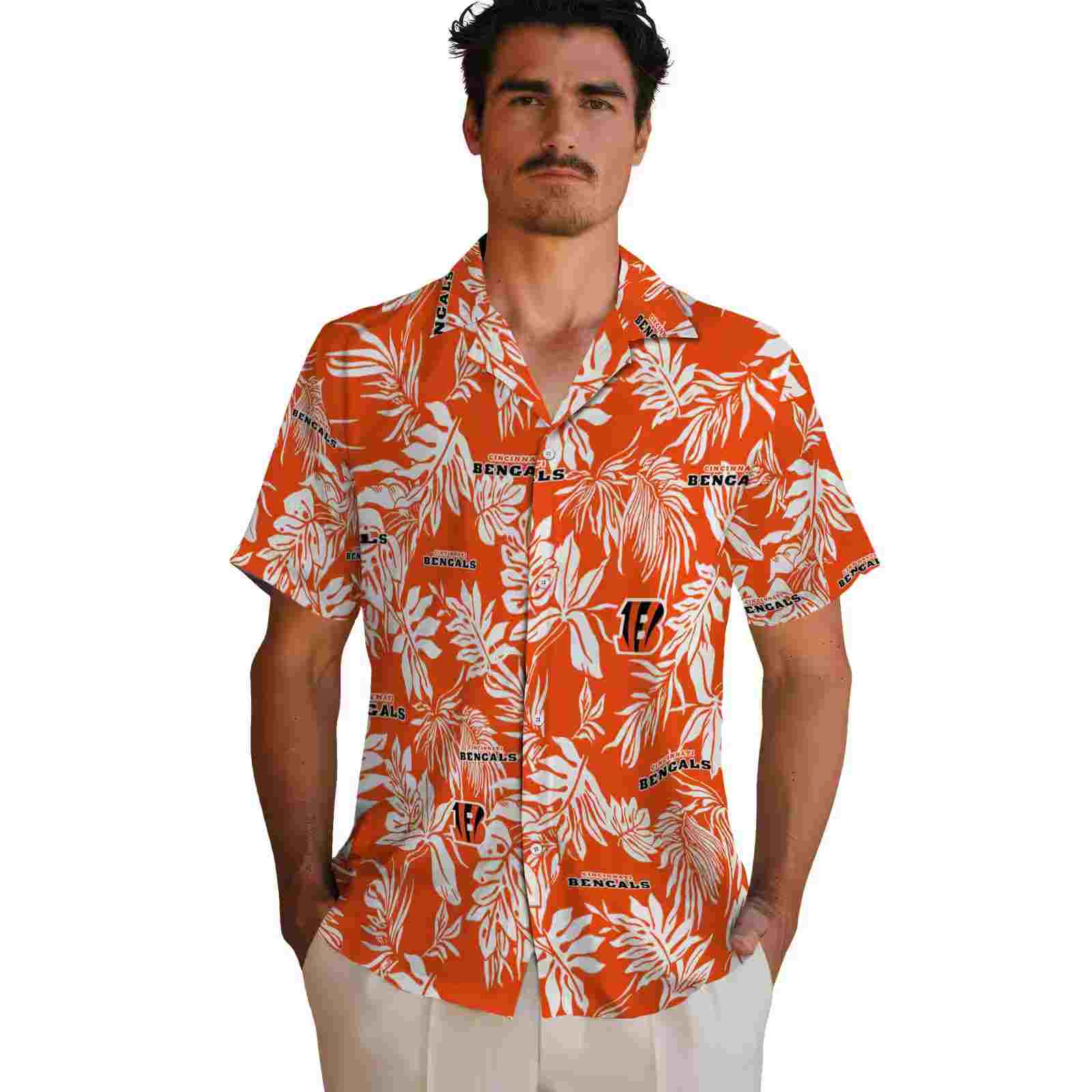 cincinnati bengals tropical leaf orange white hawaiian shirt fashion forward