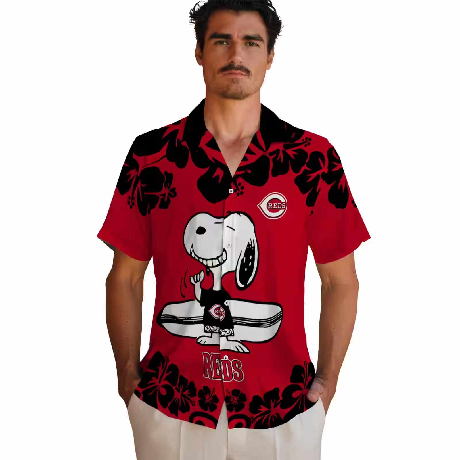 cincinnati reds snoopy surf red white hawaiian shirt fashion forward