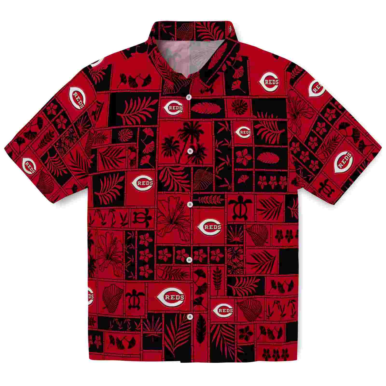 cincinnati reds tropical patchwork red black hawaiian shirt best selling