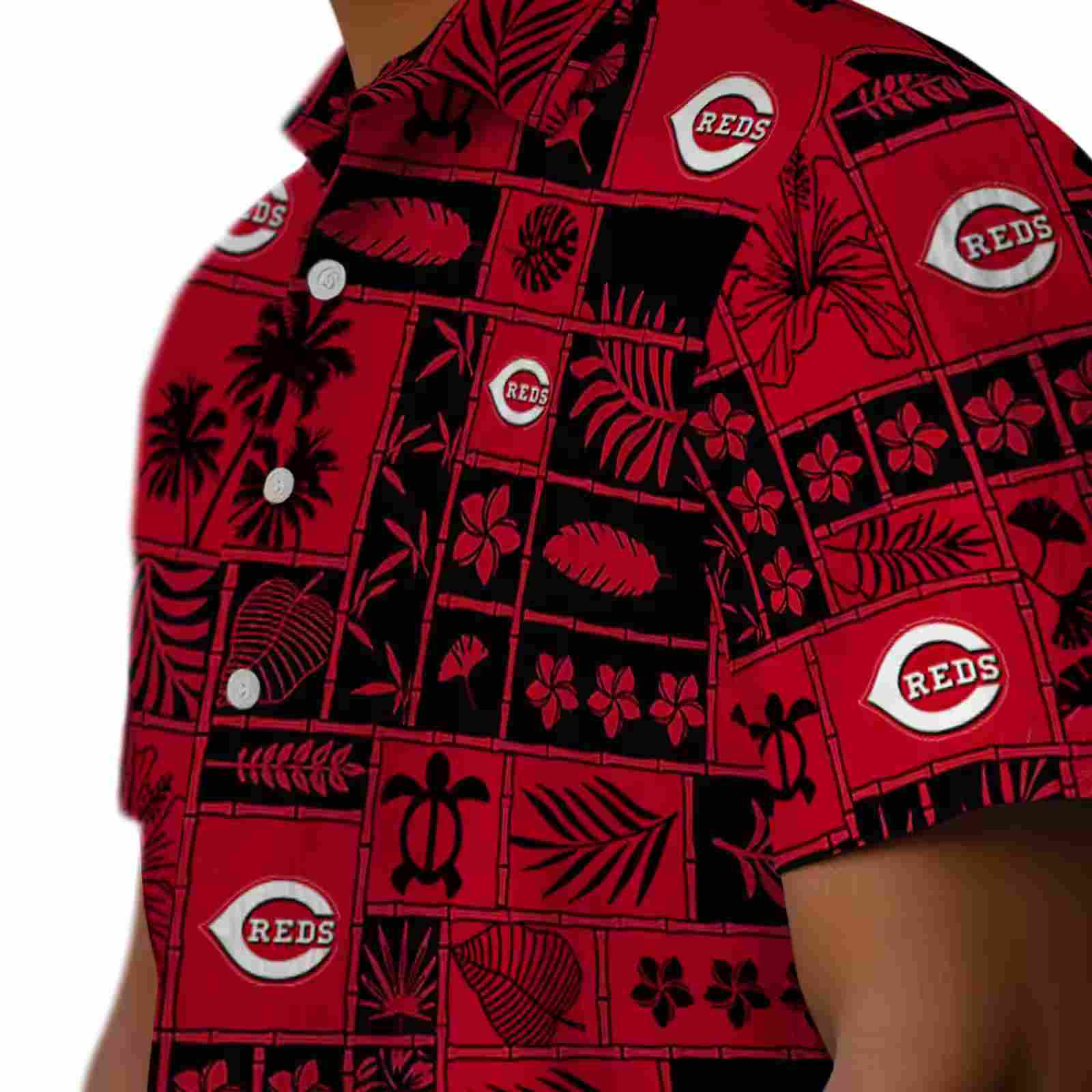 cincinnati reds tropical patchwork red black hawaiian shirt trendy