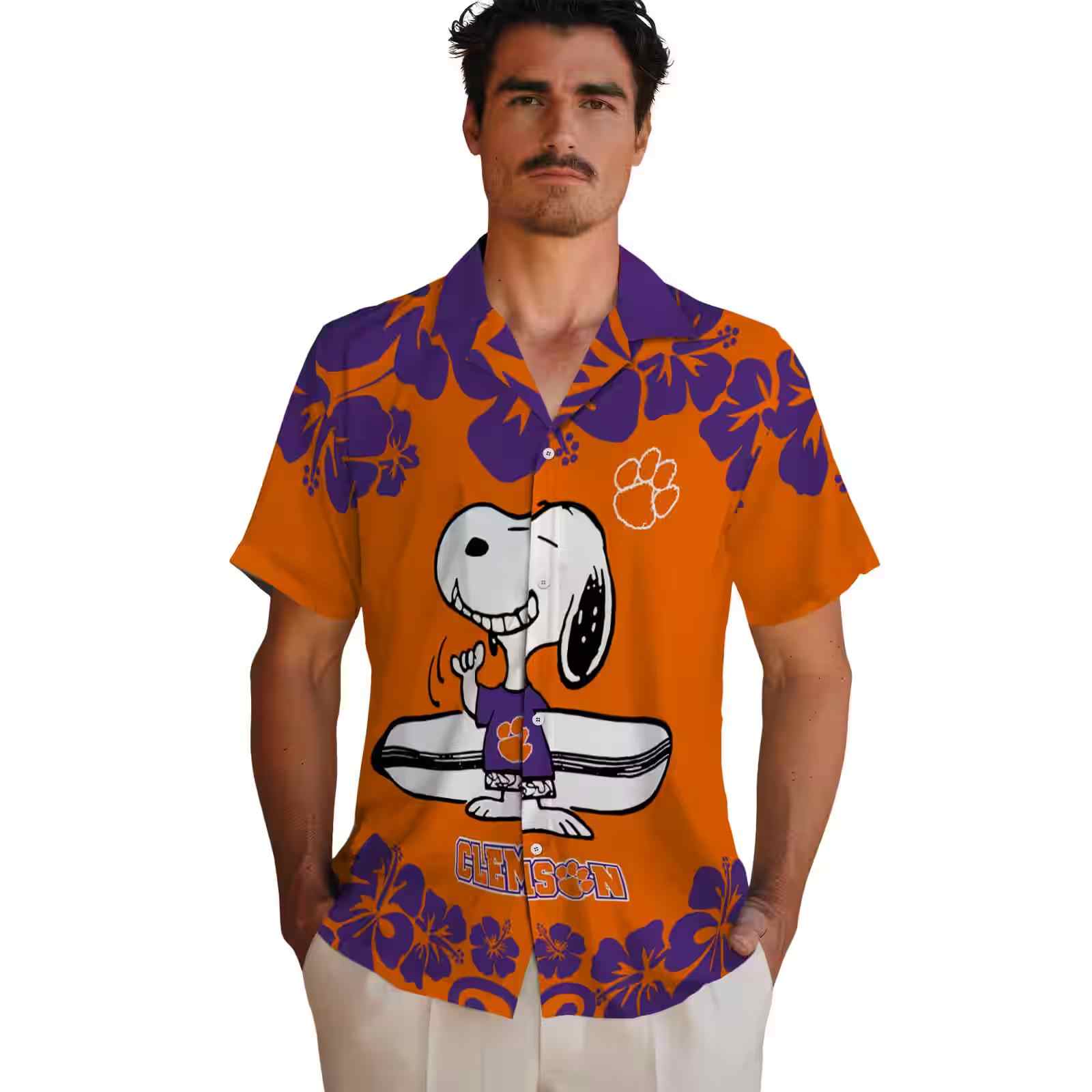 clemson tigers snoopy surf orange white hawaiian shirt fashion forward