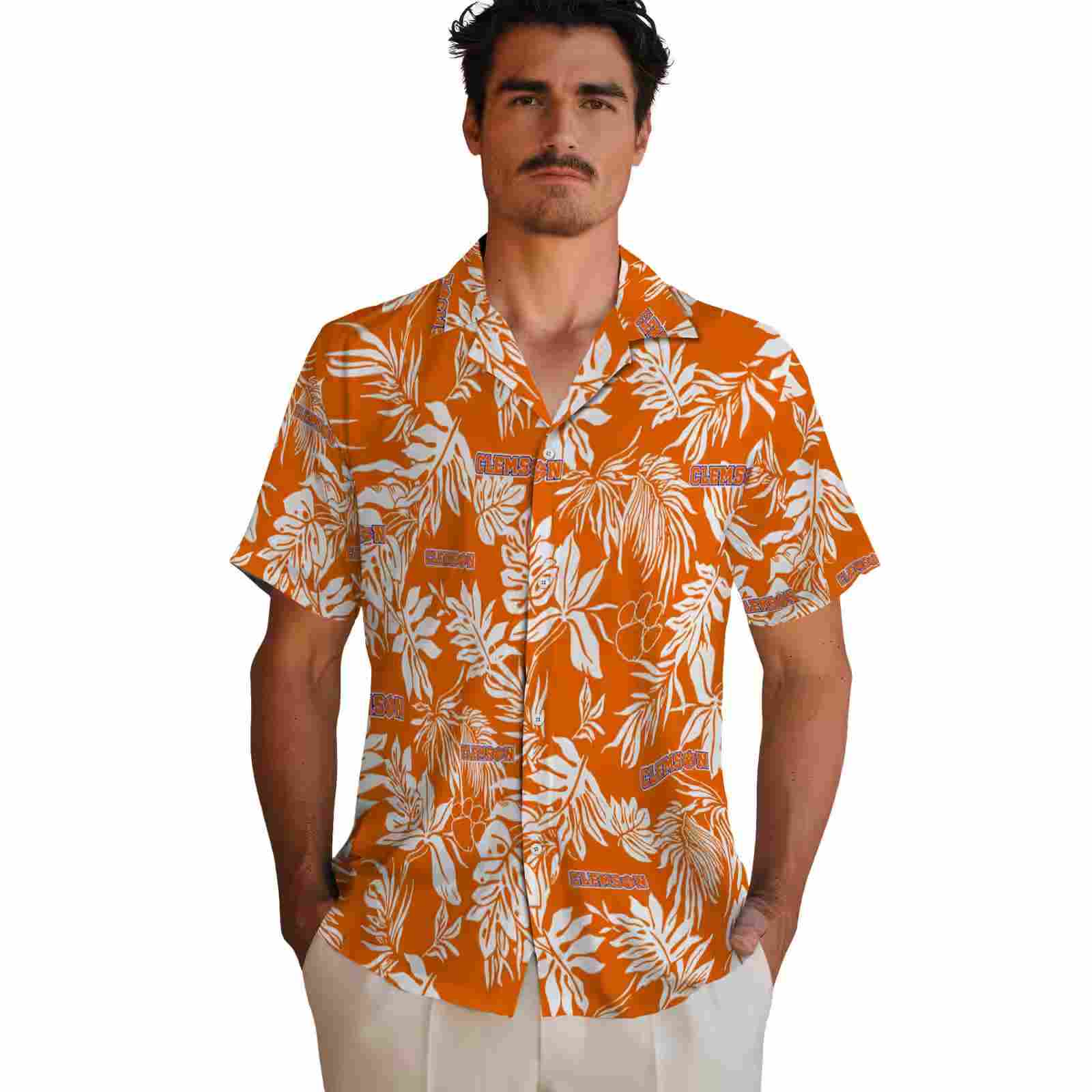 clemson tigers tropical leaf orange white hawaiian shirt fashion forward