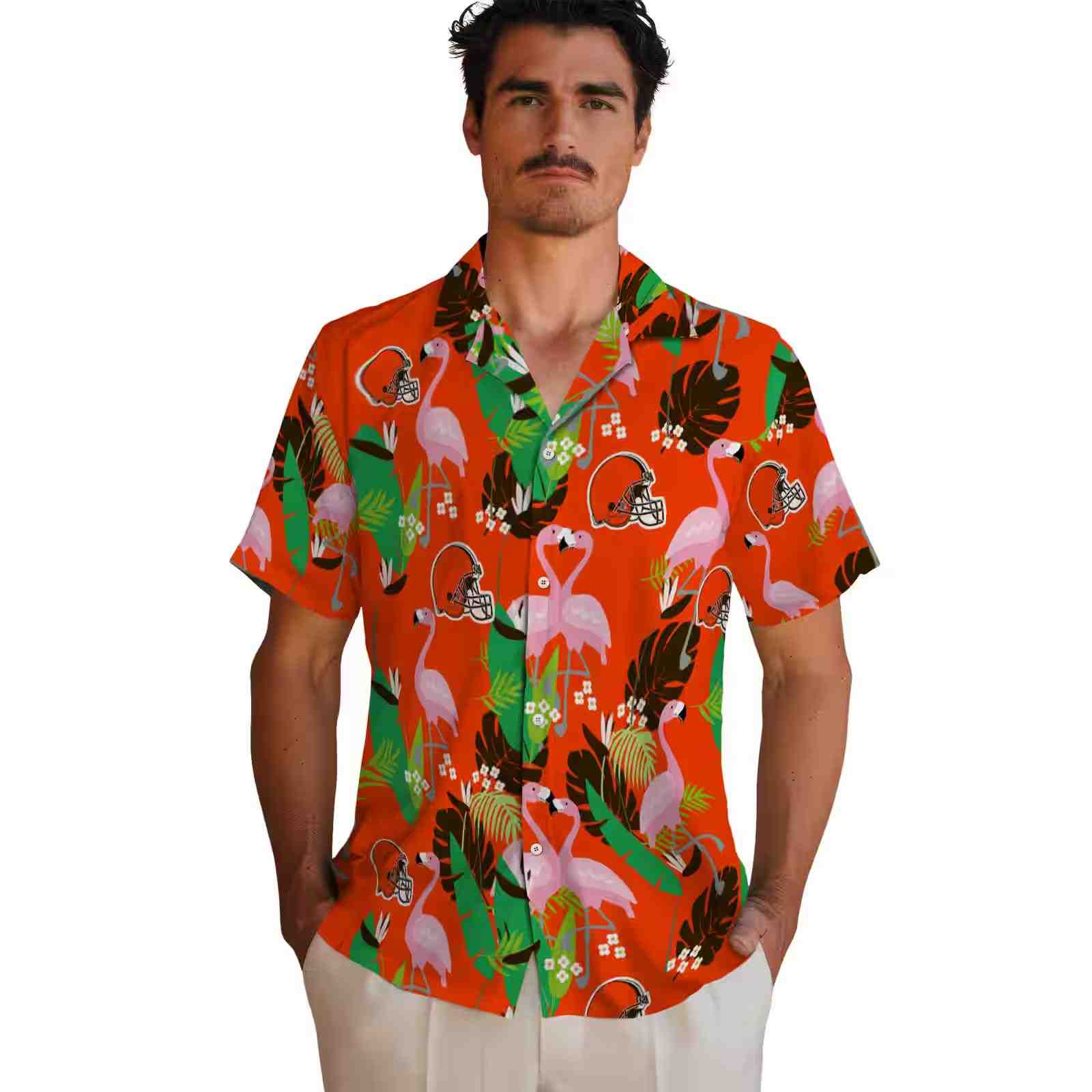 cleveland browns flamingo foliage brown green hawaiian shirt fashion forward