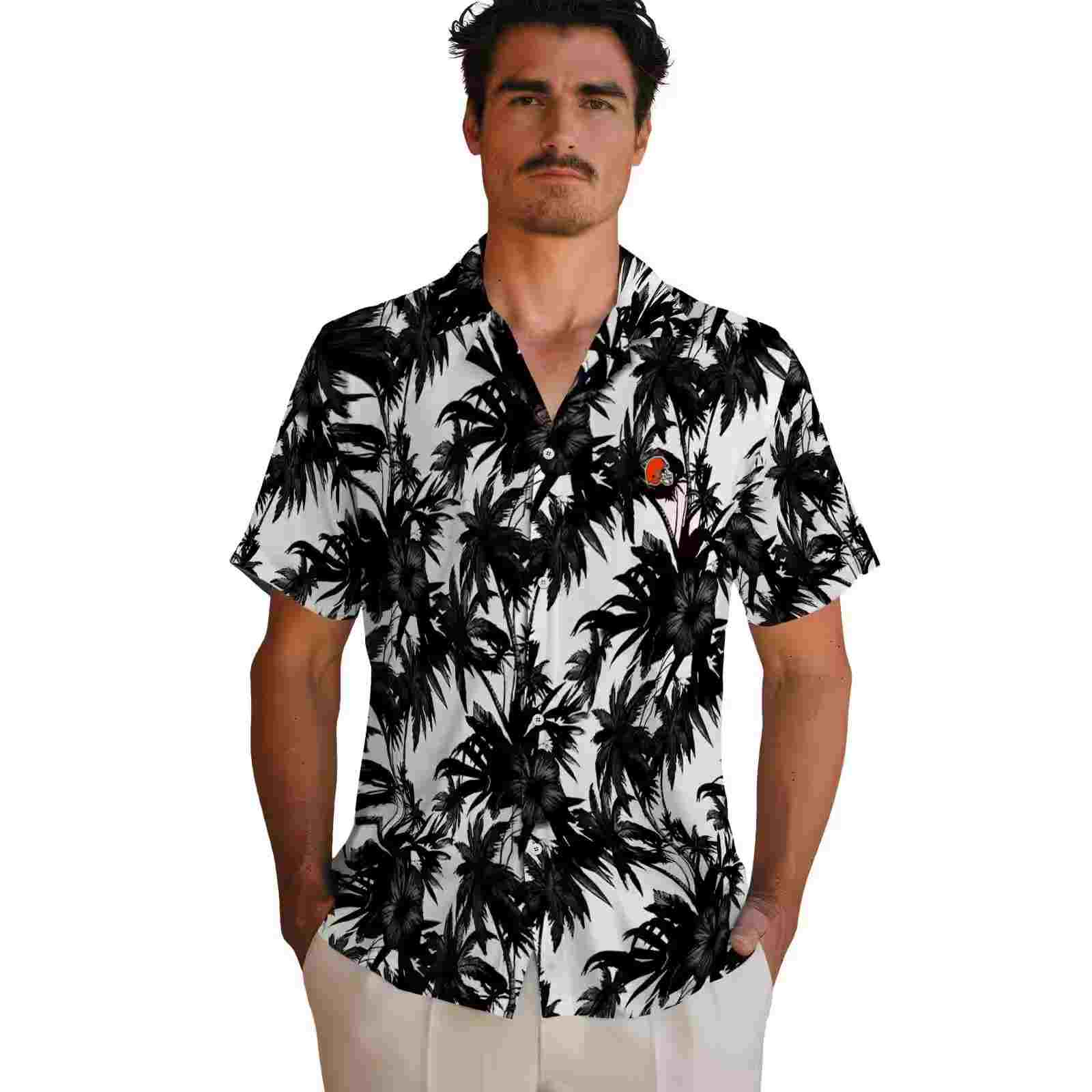 cleveland browns palm motifs black white hawaiian shirt fashion forward