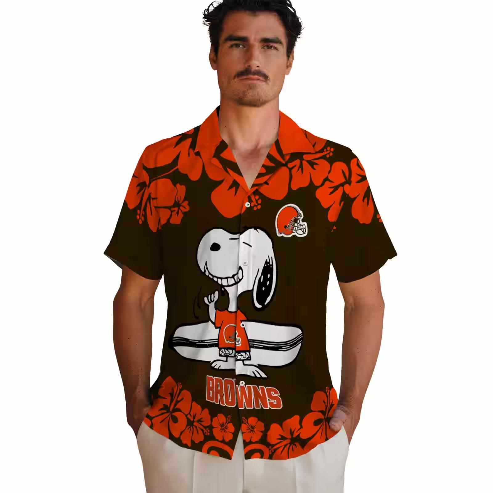 cleveland browns snoopy surf brown white hawaiian shirt fashion forward