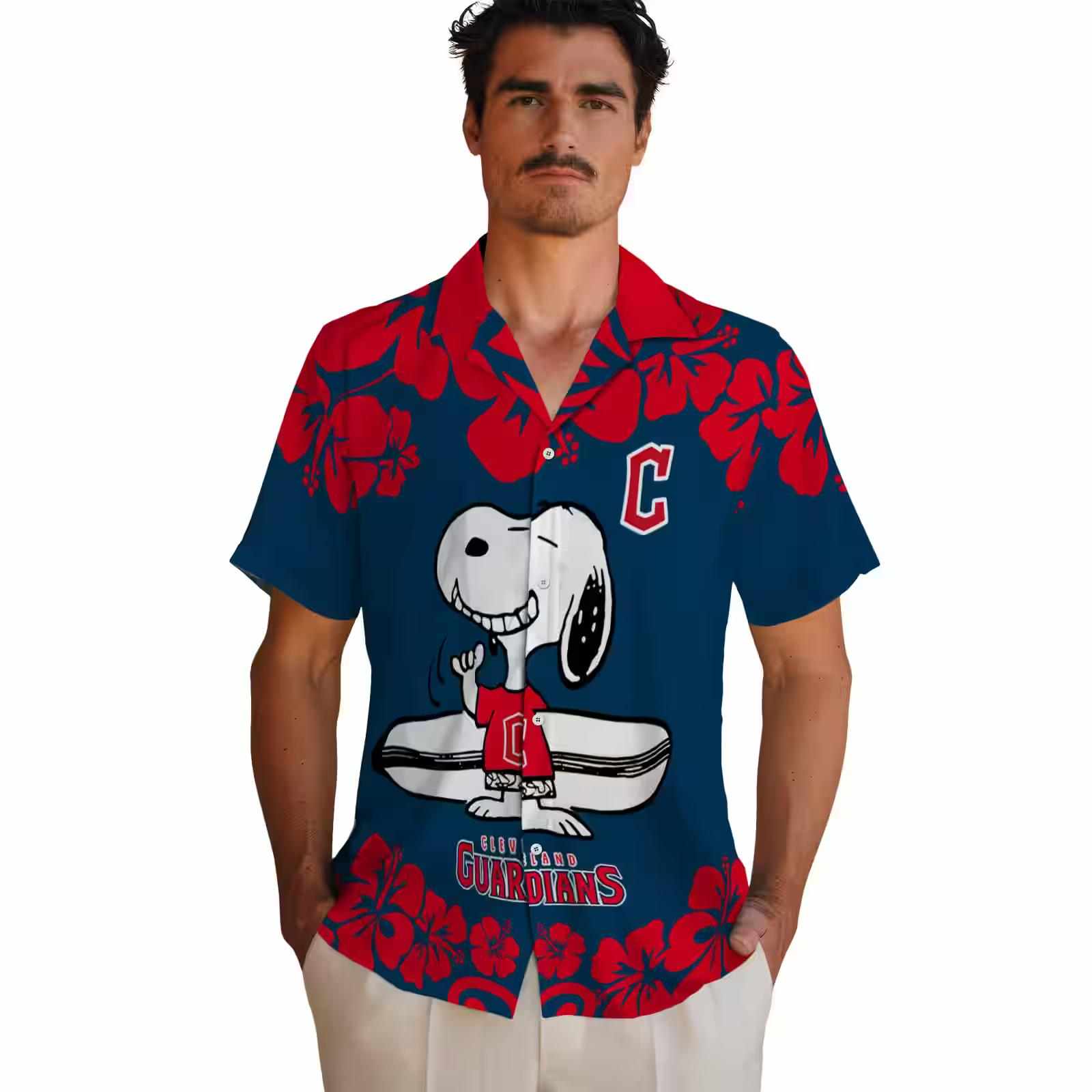 cleveland guardians snoopy surf navy blue white hawaiian shirt fashion forward