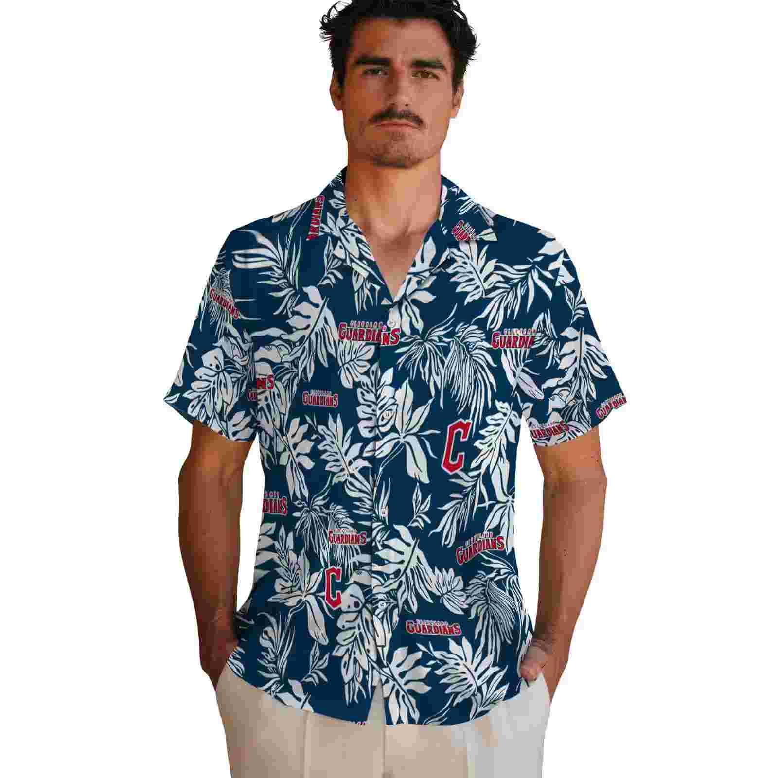 cleveland guardians tropical leaf navy blue white hawaiian shirt fashion forward