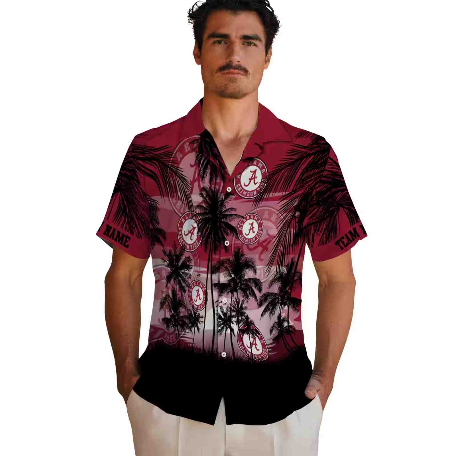 custom alabama crimson tide sunset scene crimson black hawaiian shirt fashion forward