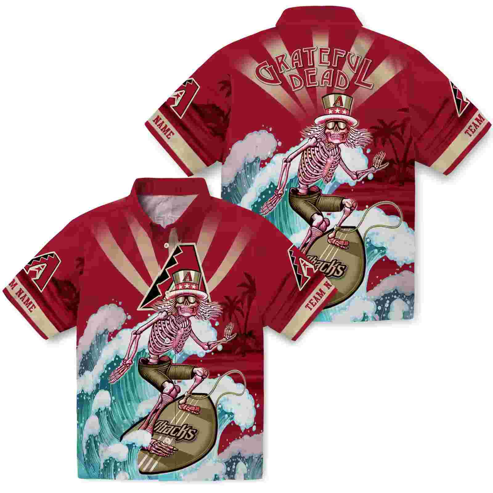 custom arizona diamondbacks surfing skeleton red blue hawaiian shirt high quality