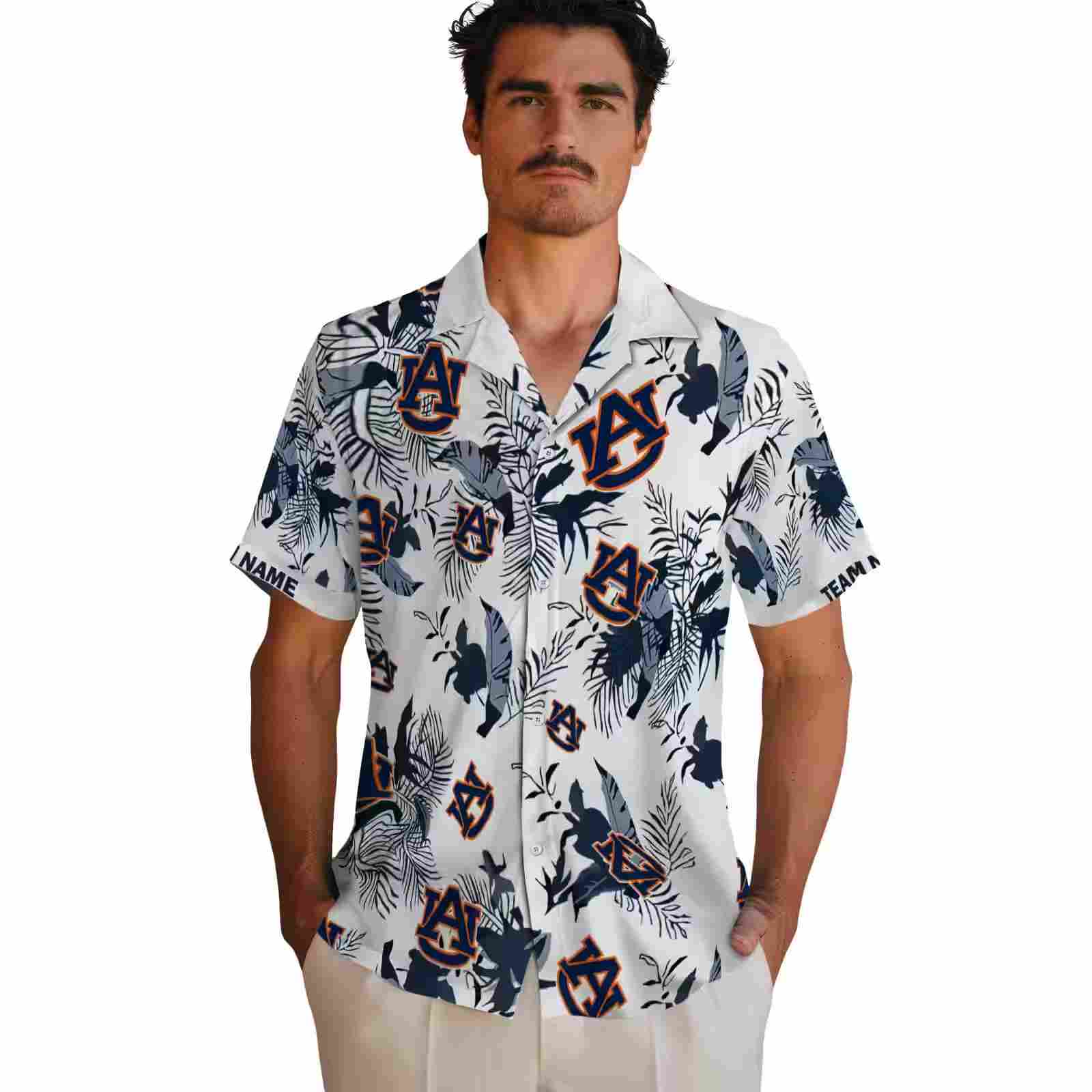 custom auburn tigers botanical theme navy blue white hawaiian shirt fashion forward