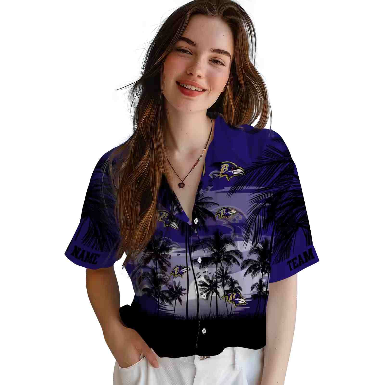 custom baltimore ravens sunset scene purple black hawaiian shirt latest model