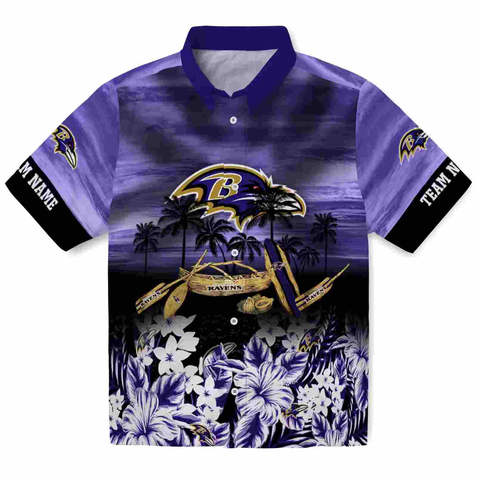 Custom Baltimore Ravens Tropical Canoe Purple Hawaiian Shirt