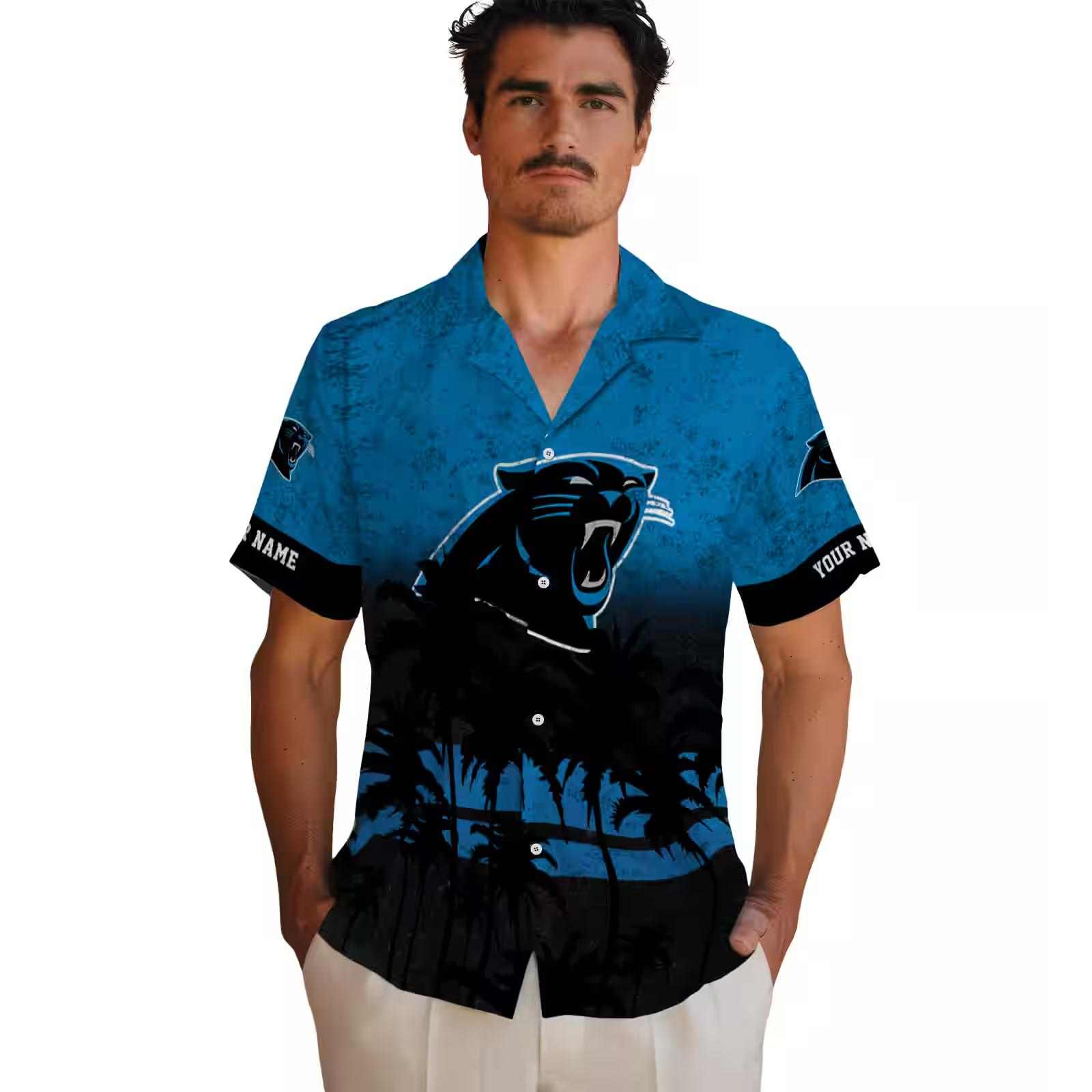 custom carolina panthers sunset pattern blue black hawaiian shirt fashion forward