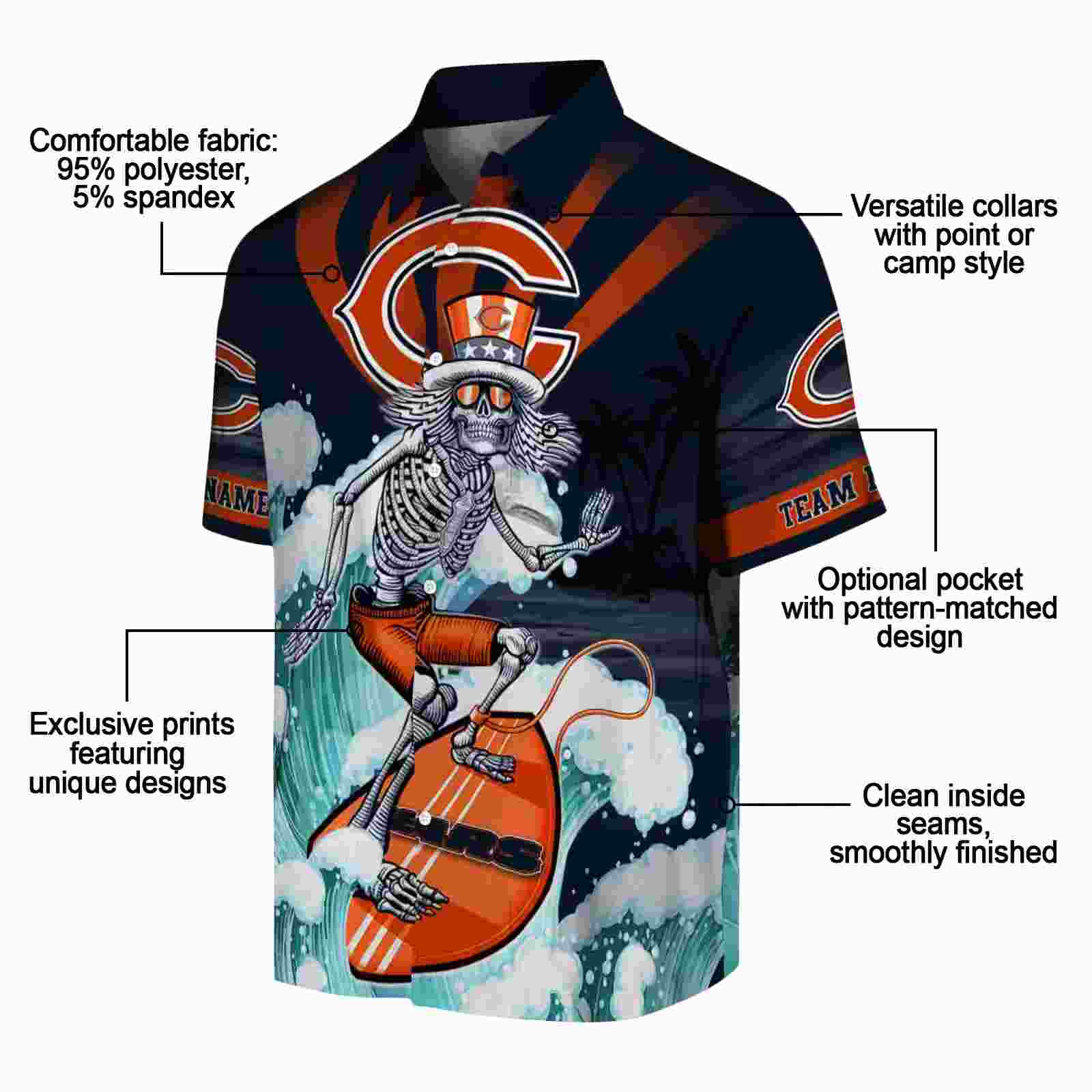 custom chicago bears surfing skeleton blue hawaiian shirt new arrival