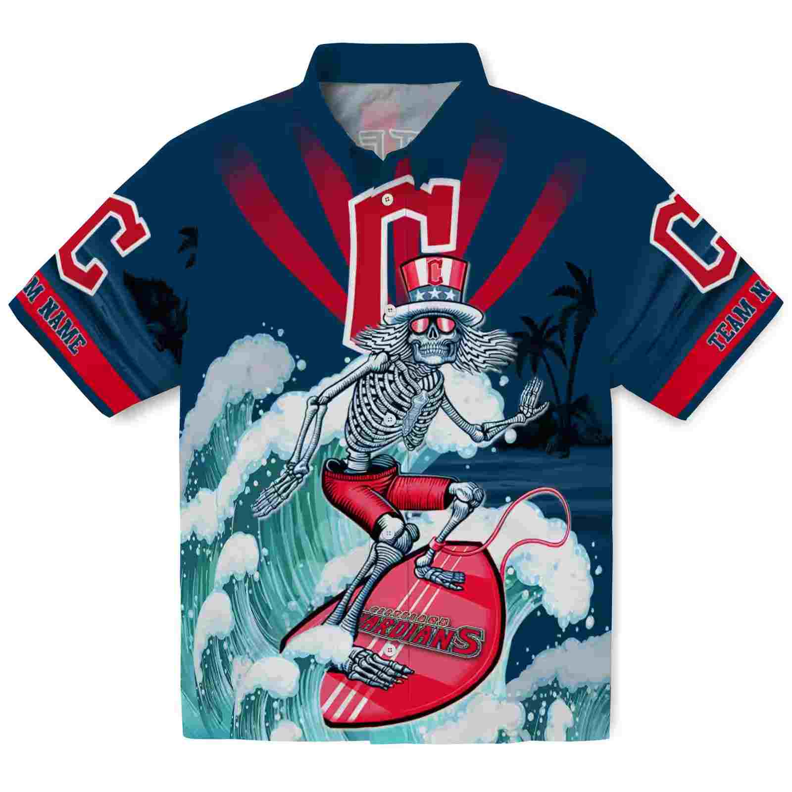 Custom Cleveland Guardians Surfing Skeleton Navy Blue Hawaiian Shirt