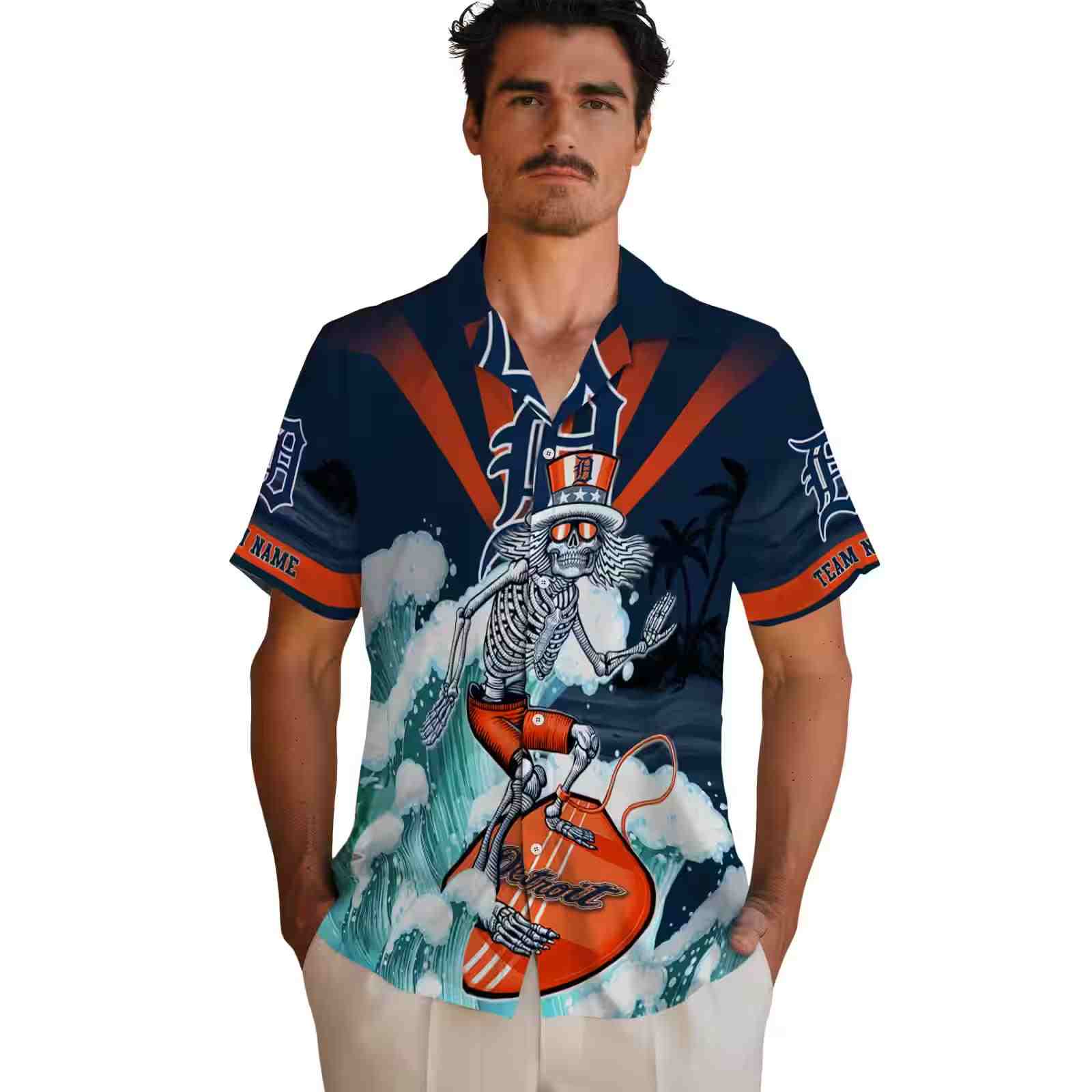 custom detroit tigers surfing skeleton navy blue hawaiian shirt fashion forward