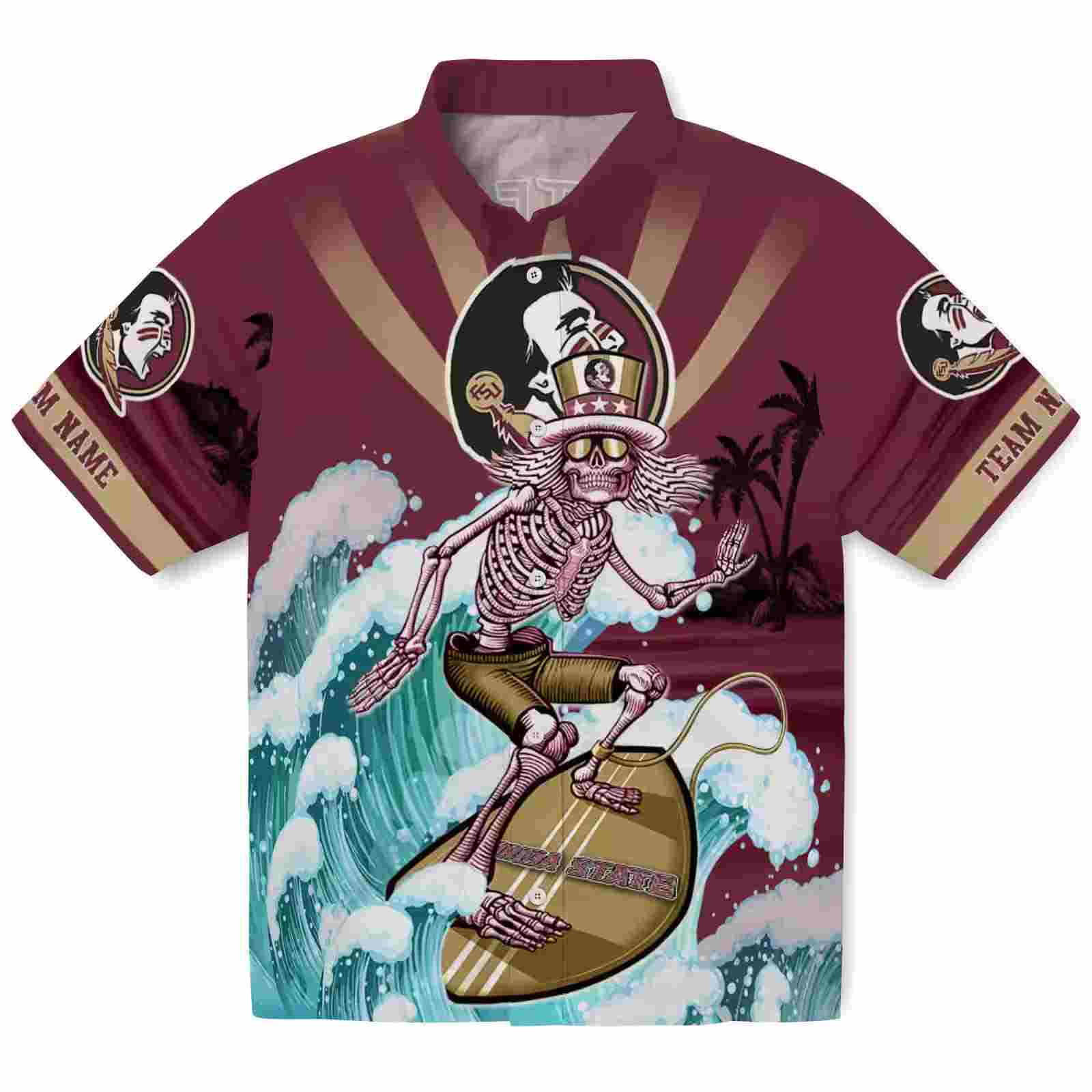 Custom Florida State Seminoles Surfing Skeleton Garnet Blue Hawaiian Shirt