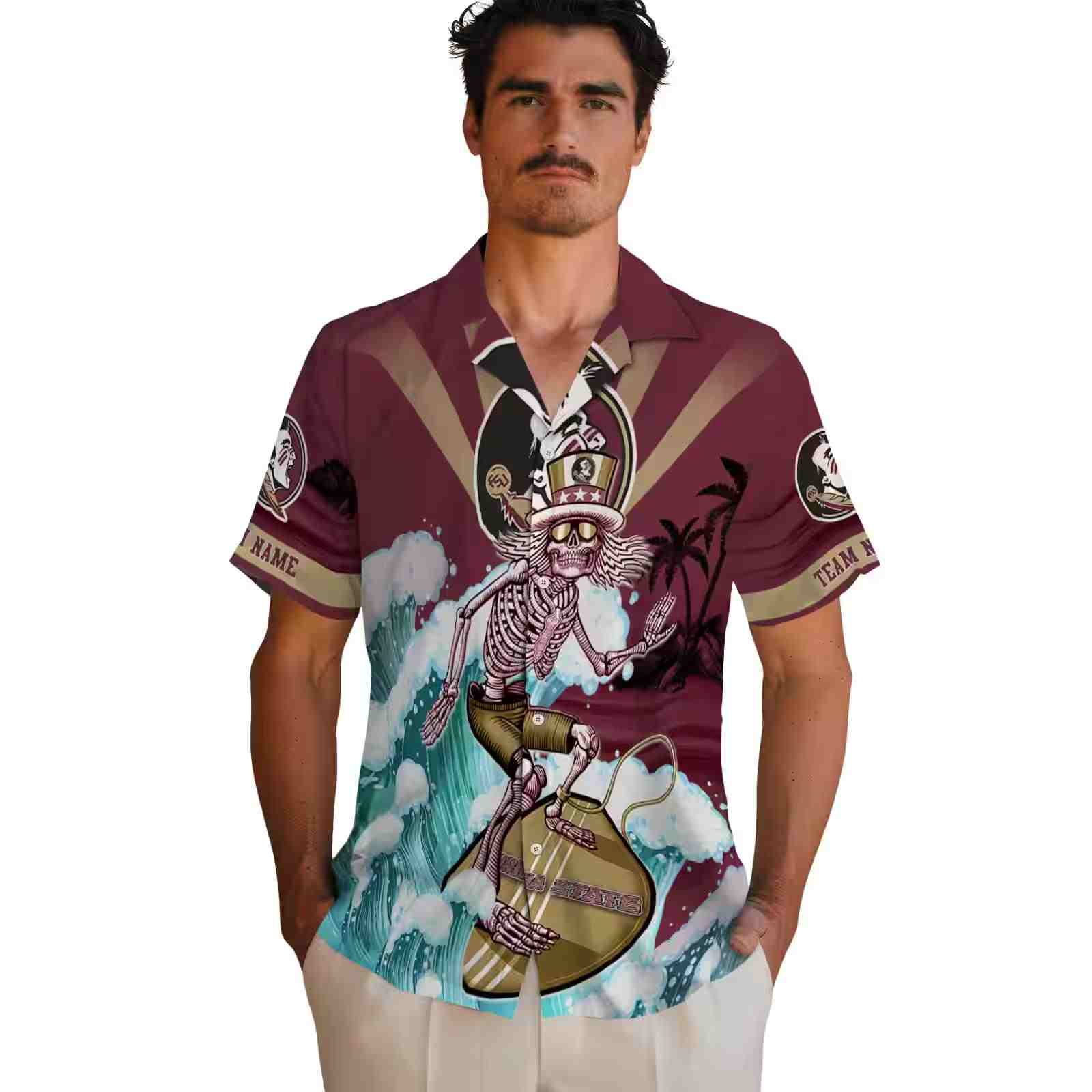 custom florida state seminoles surfing skeleton garnet blue hawaiian shirt fashion forward