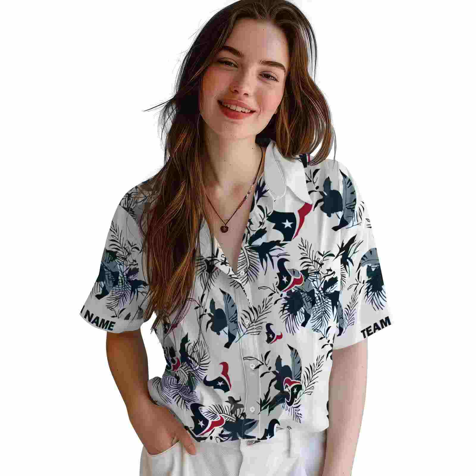 custom houston texans botanical theme blue white hawaiian shirt latest model