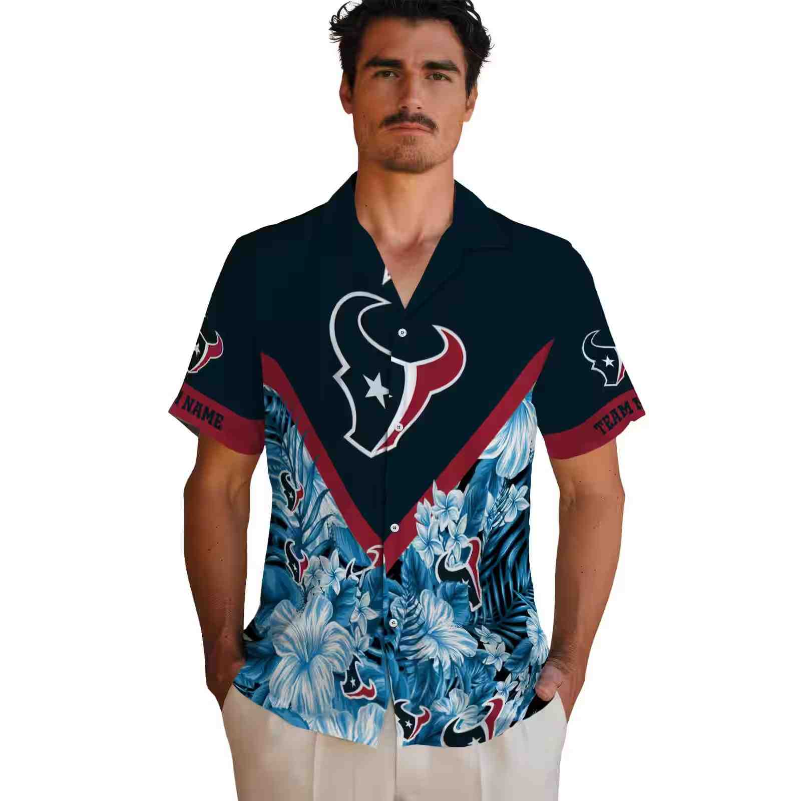 custom houston texans floral chevron blue hawaiian shirt fashion forward