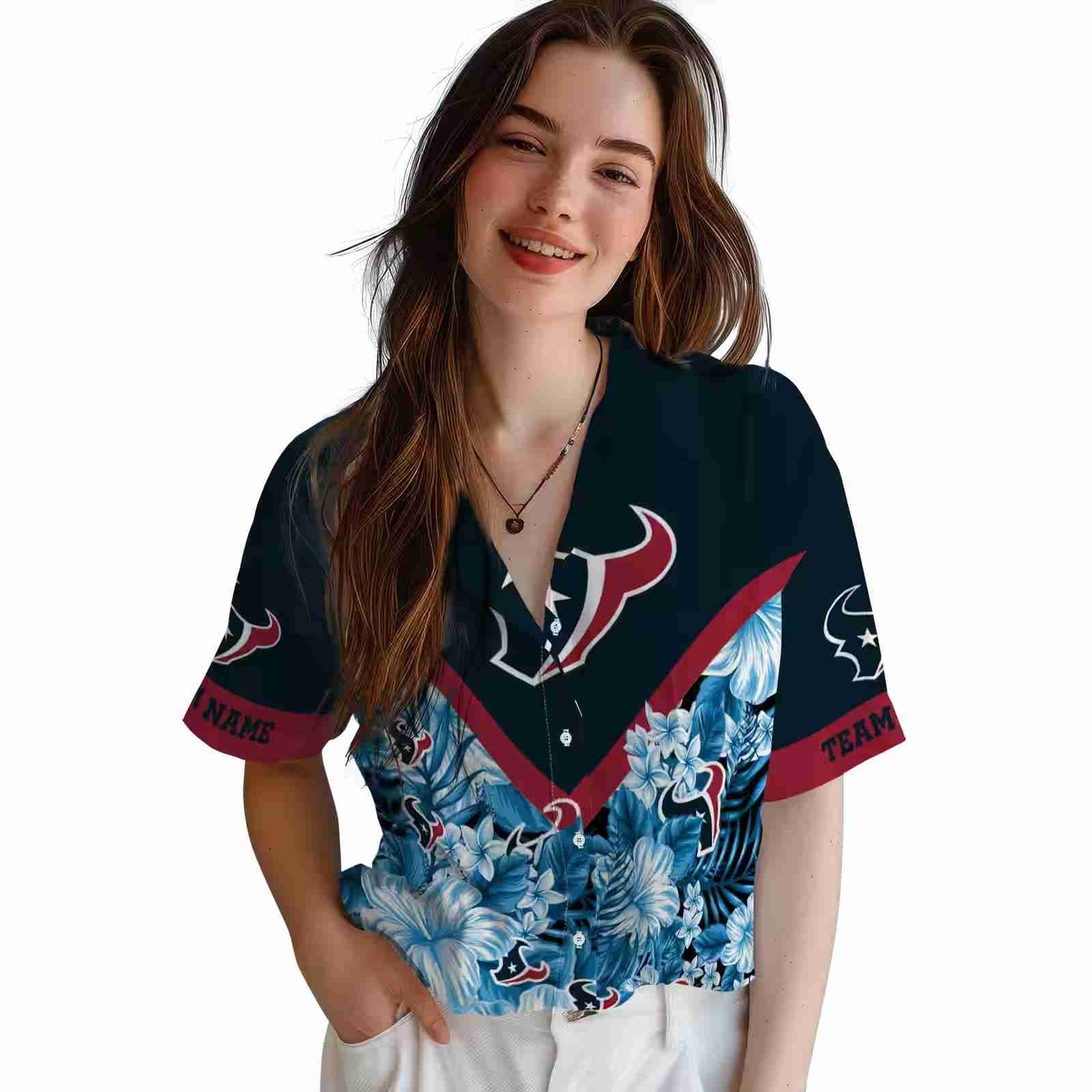 custom houston texans floral chevron blue hawaiian shirt latest model