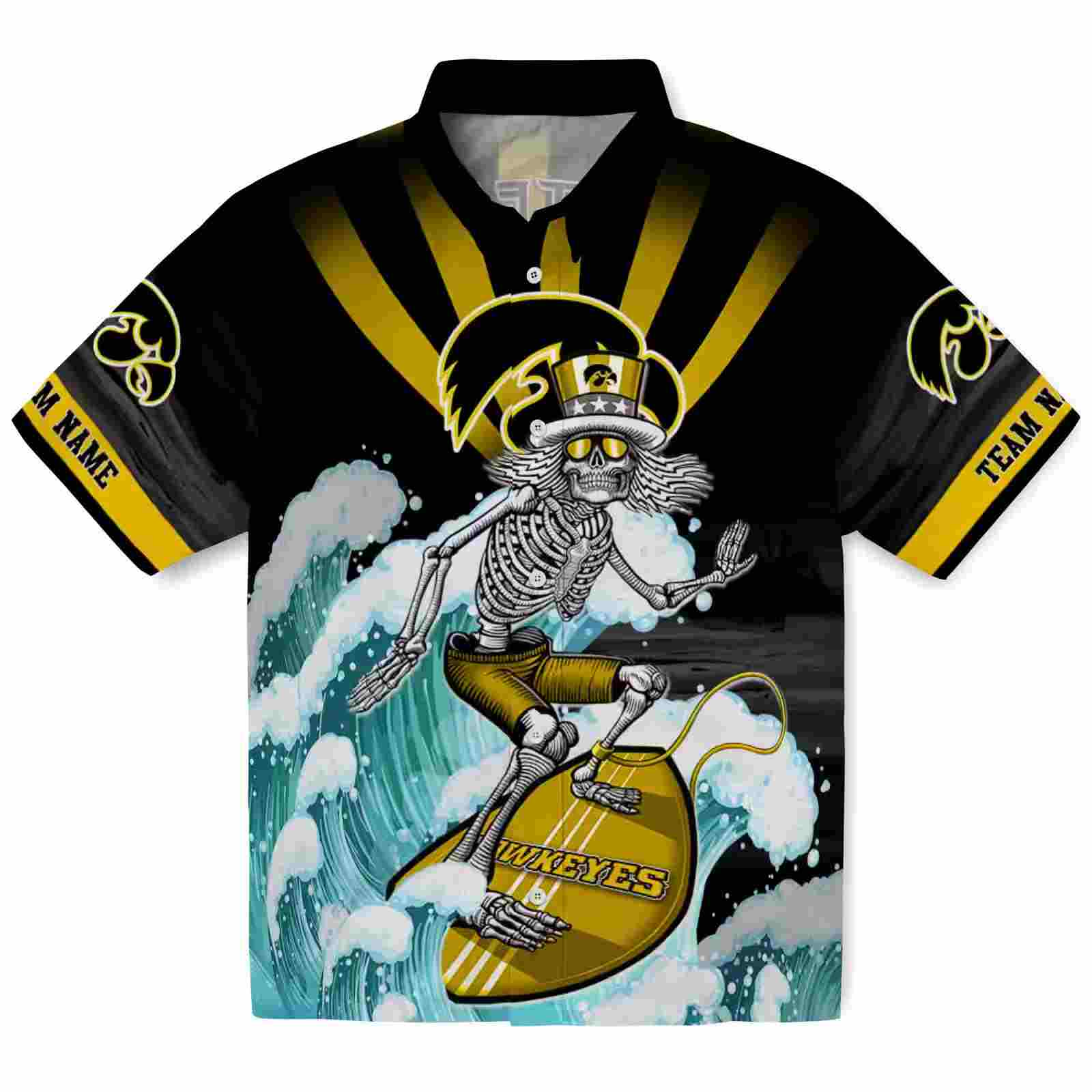 Custom Iowa Hawkeyes Surfing Skeleton Black Blue Hawaiian Shirt