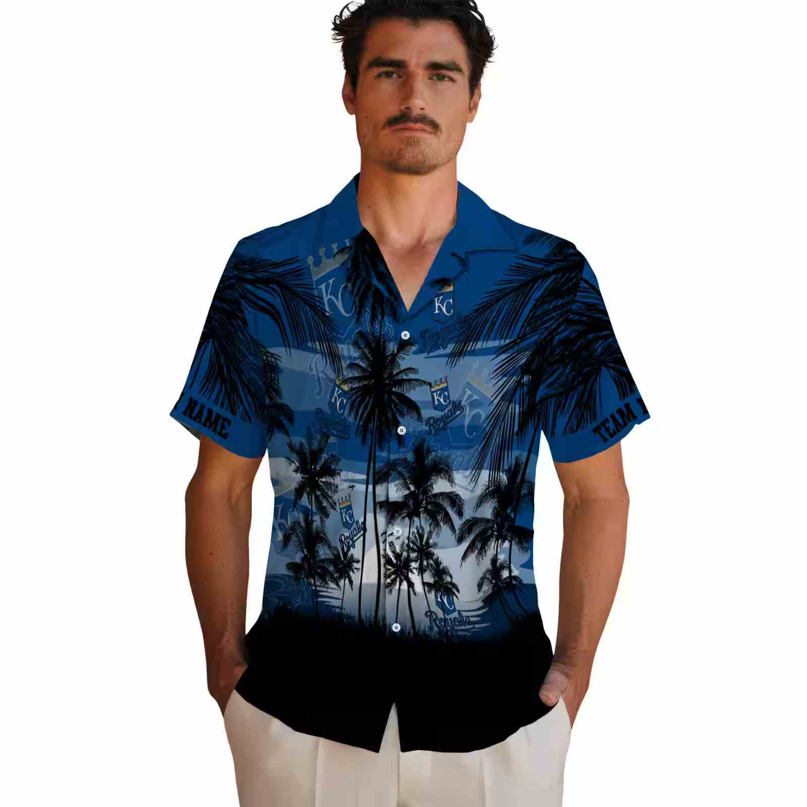 custom kansas city royals sunset scene royal blue black hawaiian shirt fashion forward