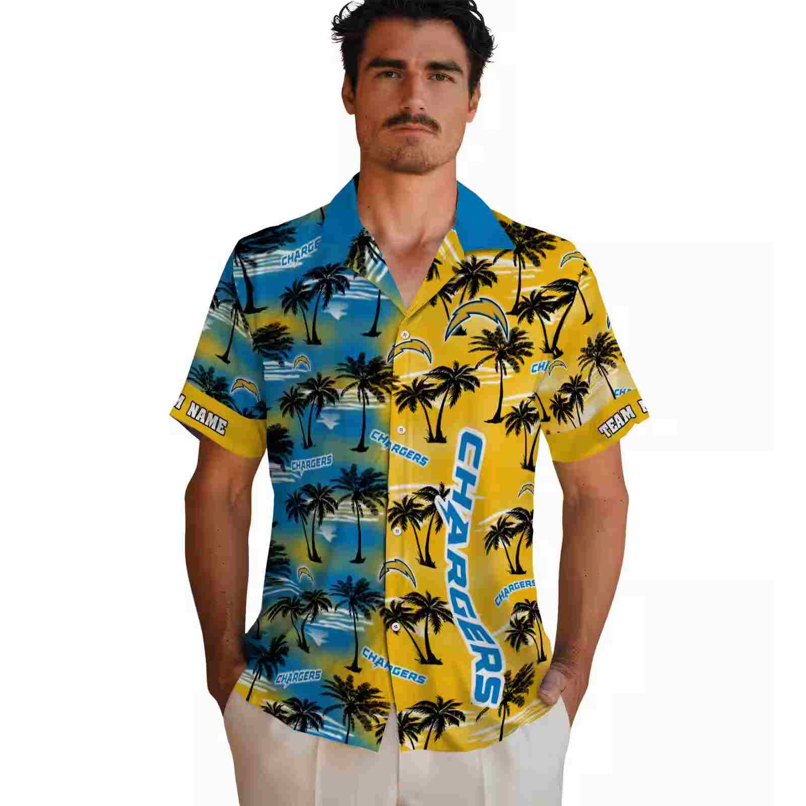 custom los angeles chargers palm silhouettes blue hawaiian shirt fashion forward