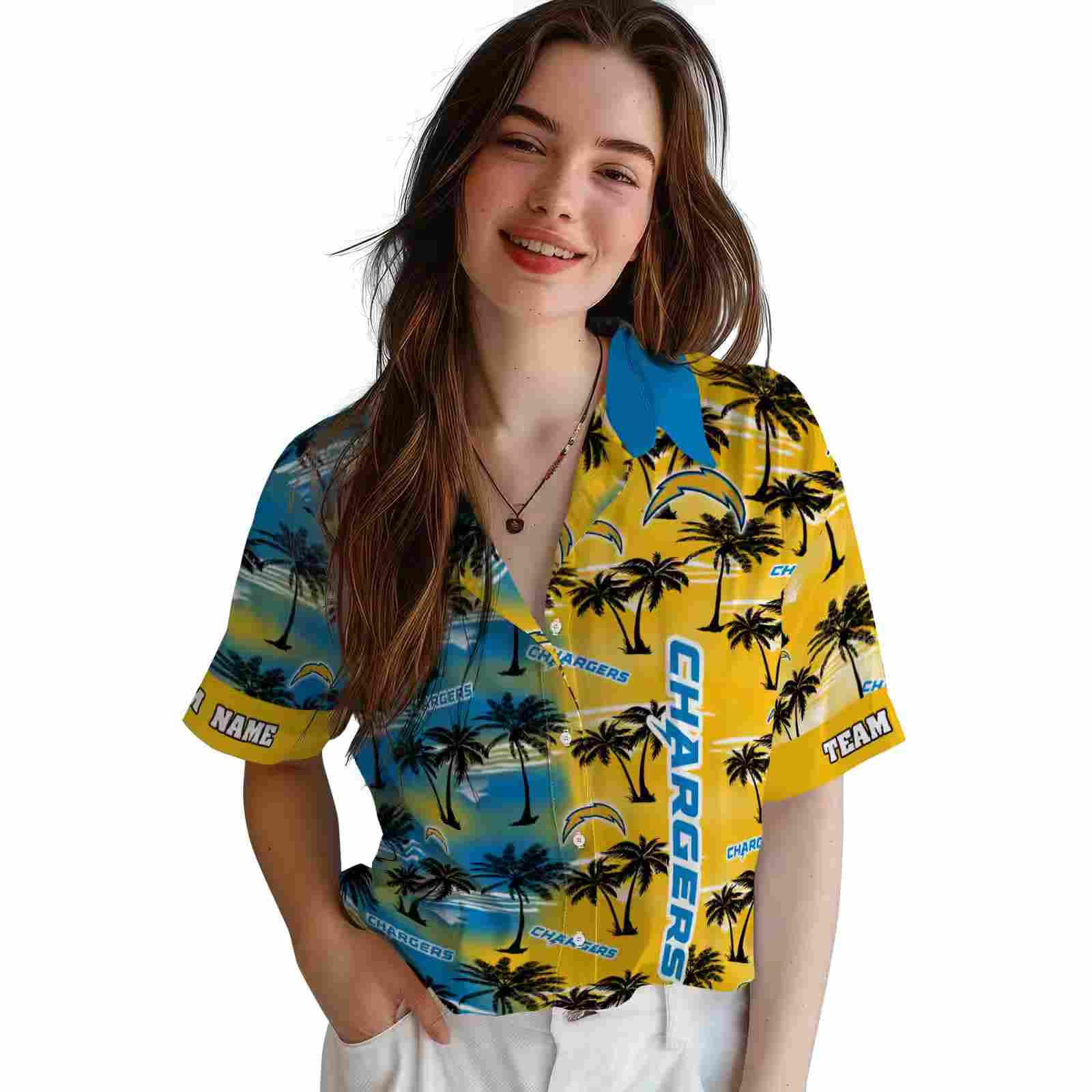 custom los angeles chargers palm silhouettes blue hawaiian shirt latest model