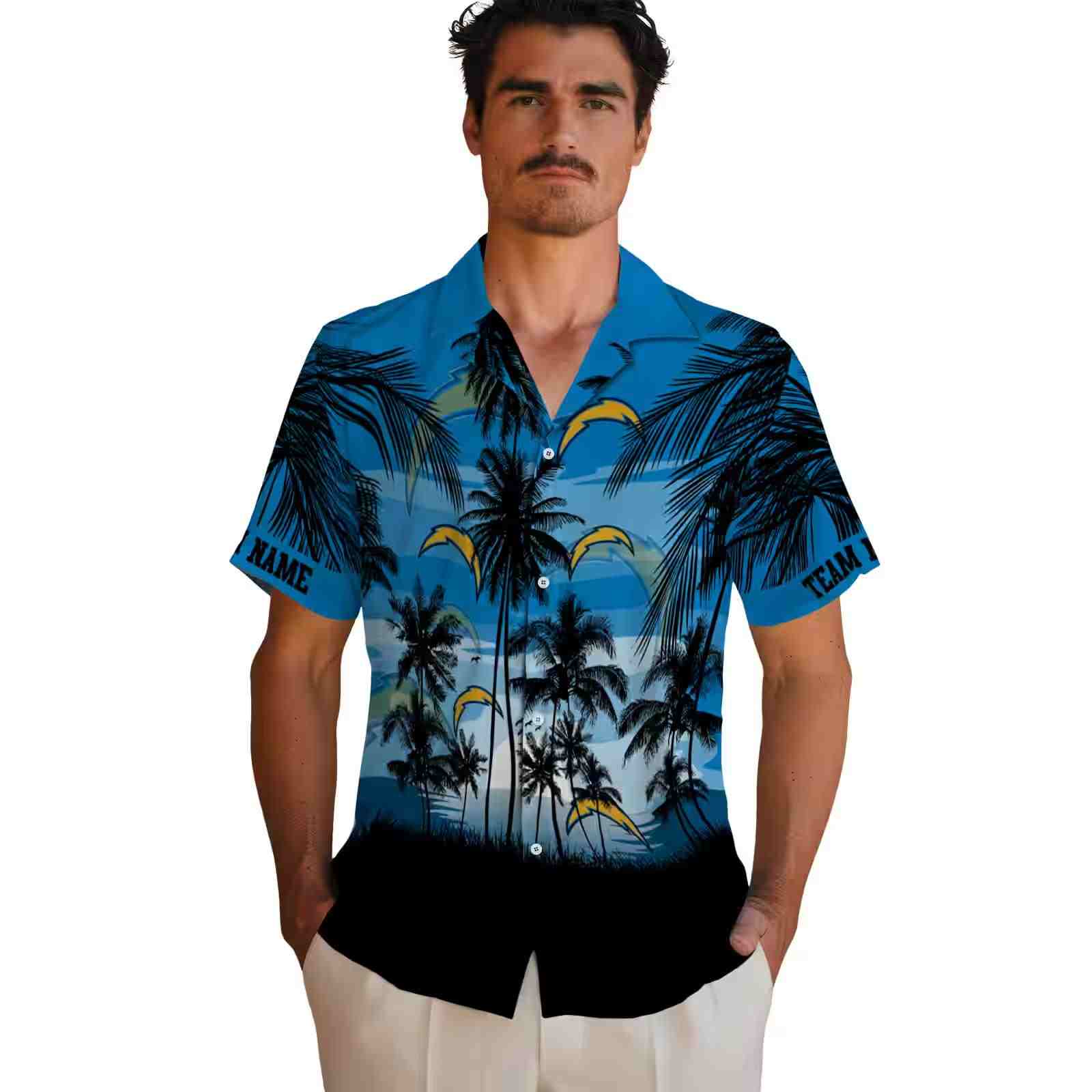 custom los angeles chargers sunset scene blue black hawaiian shirt fashion forward