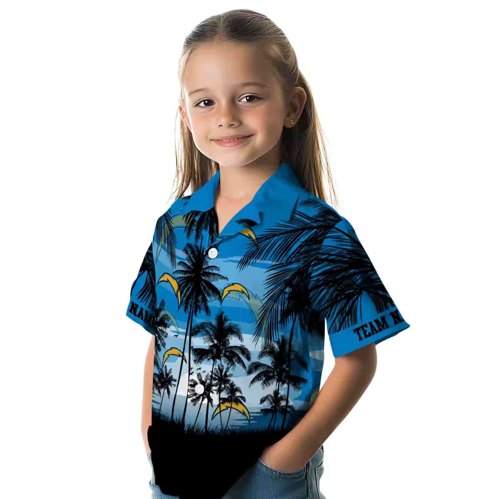 custom los angeles chargers sunset scene blue black hawaiian shirt premium grade