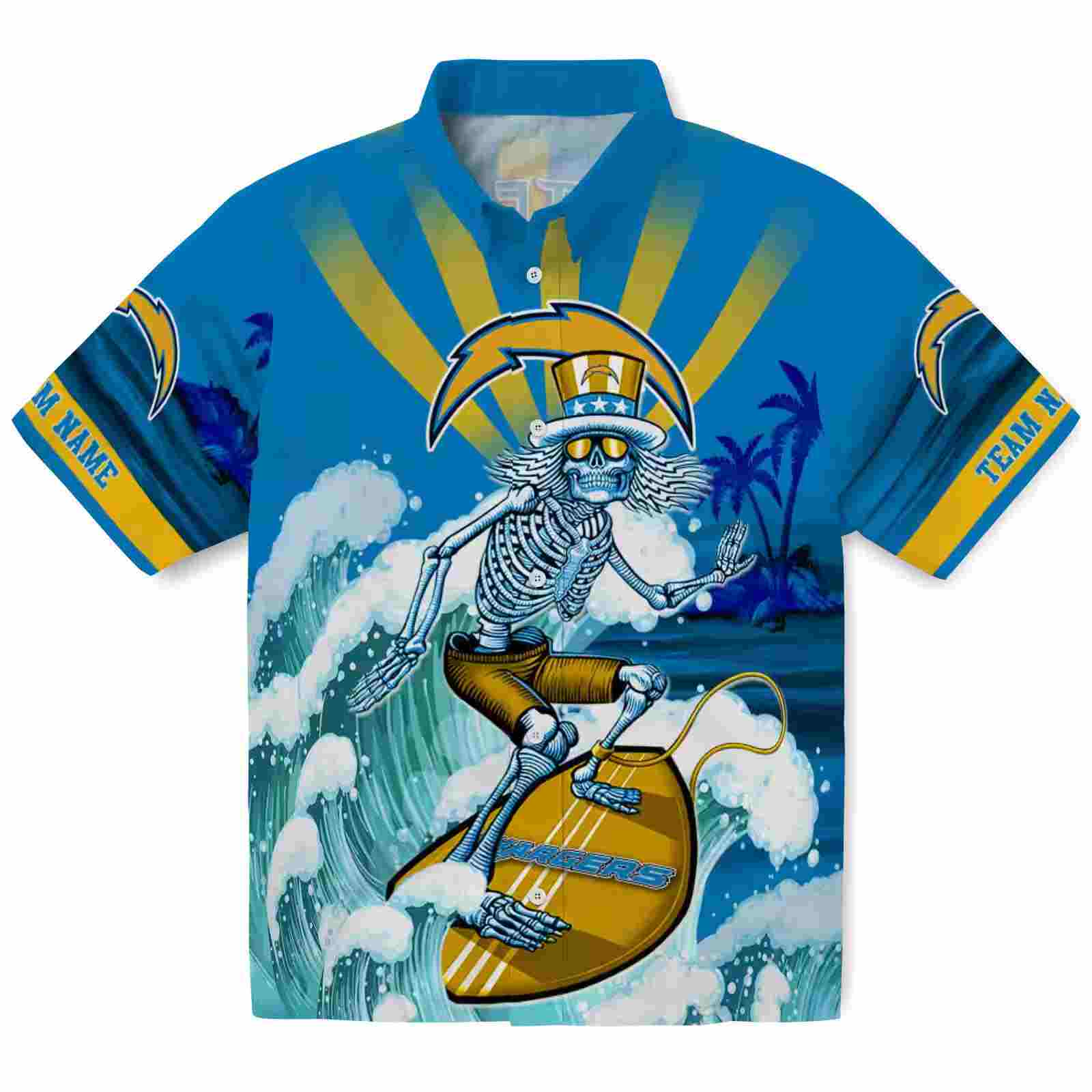 Custom Los Angeles Chargers Surfing Skeleton Blue Hawaiian Shirt