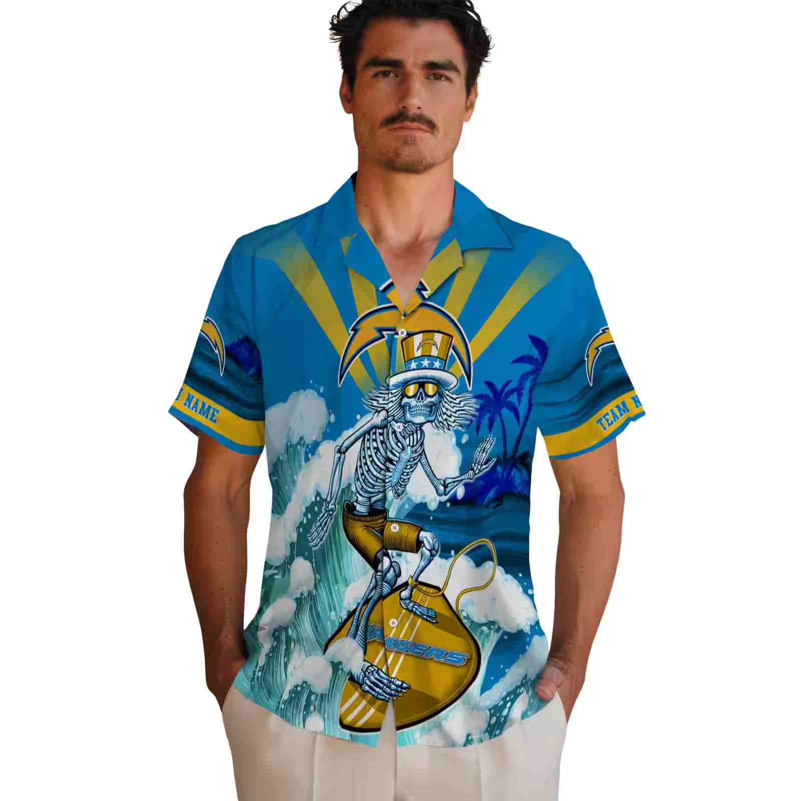 custom los angeles chargers surfing skeleton blue hawaiian shirt fashion forward