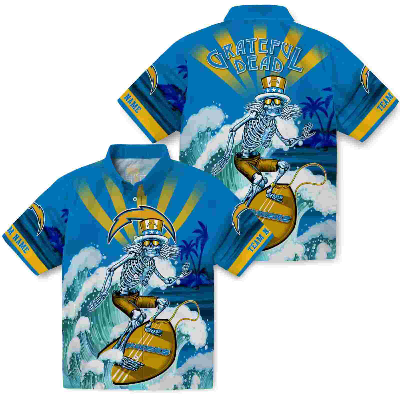 custom los angeles chargers surfing skeleton blue hawaiian shirt high quality