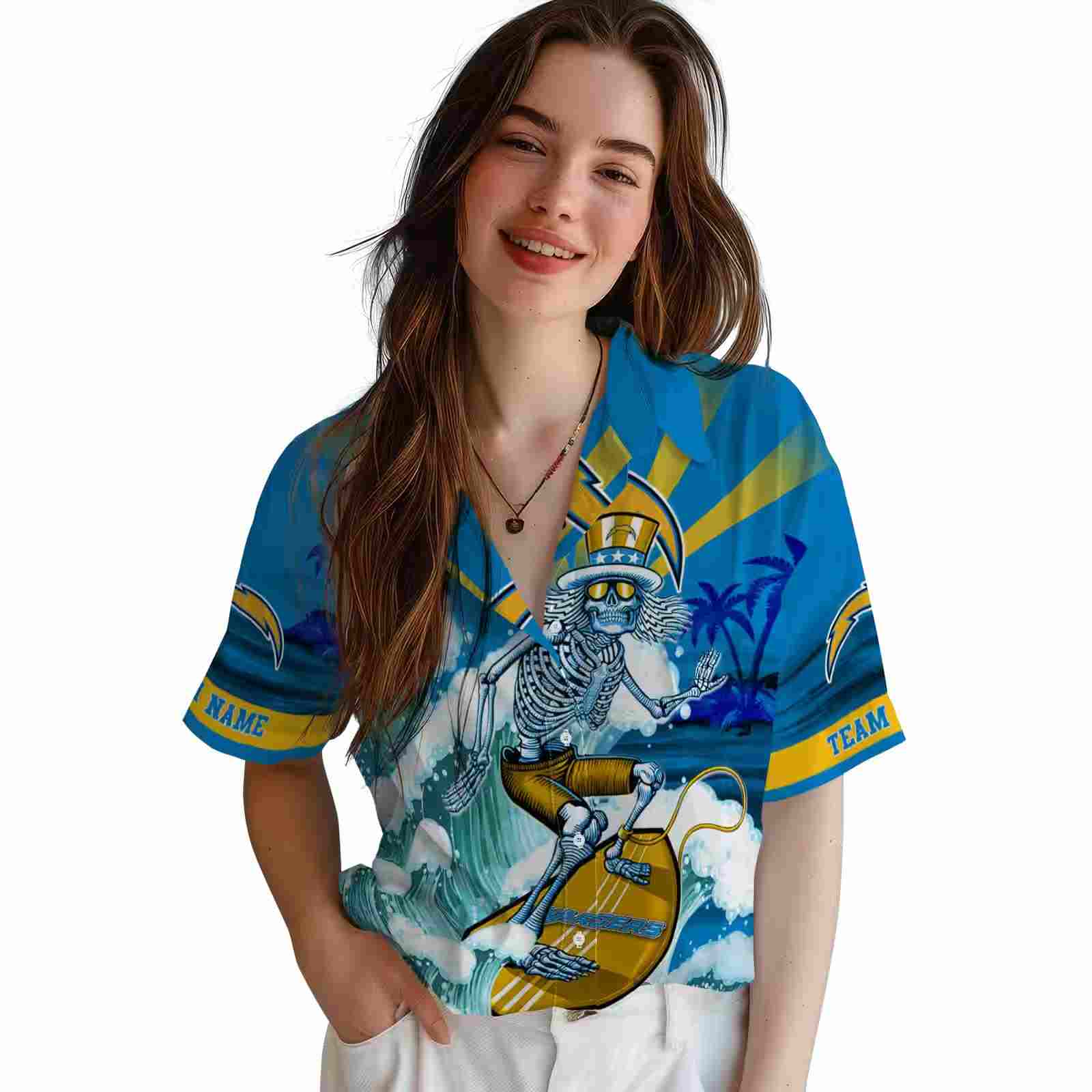 custom los angeles chargers surfing skeleton blue hawaiian shirt latest model