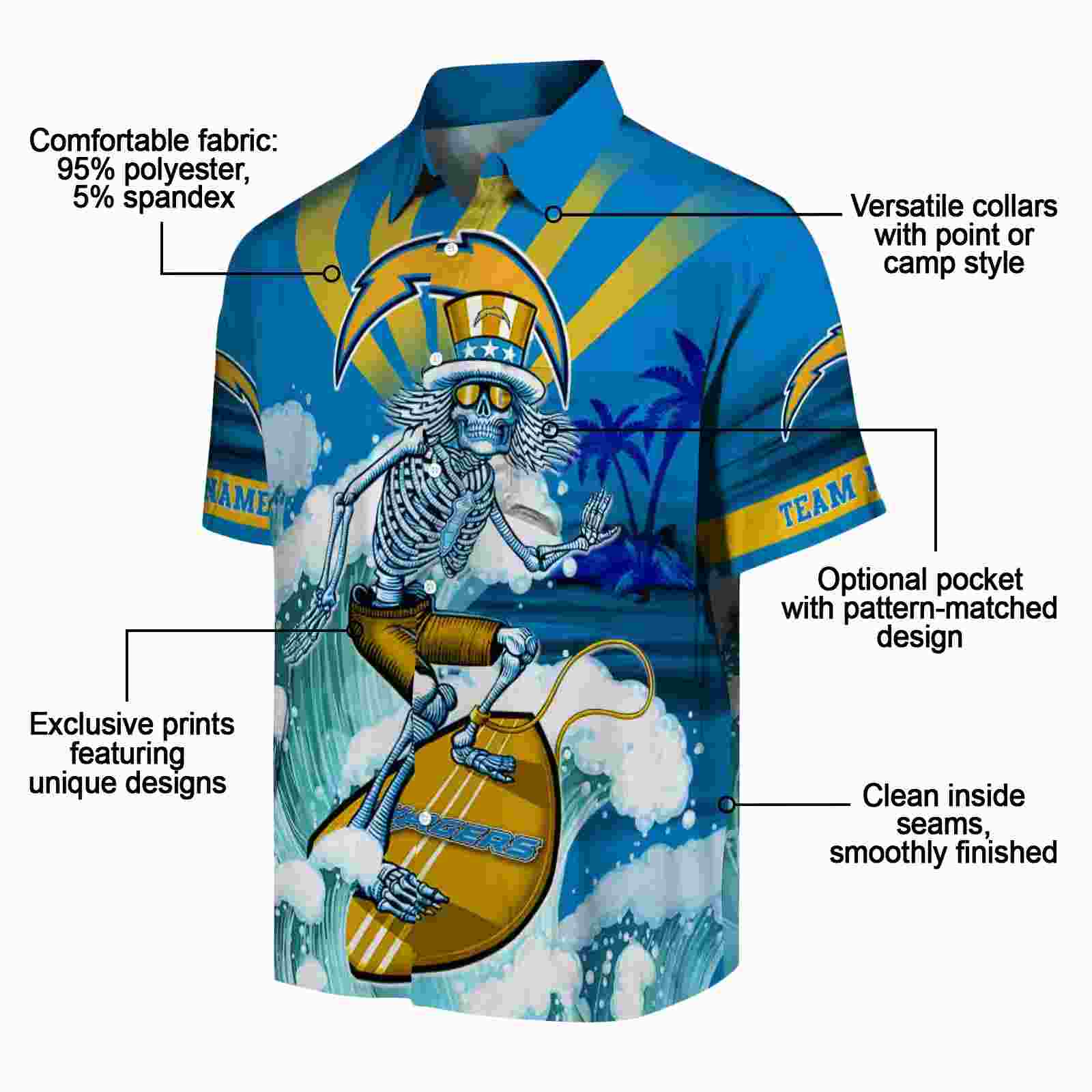 custom los angeles chargers surfing skeleton blue hawaiian shirt new arrival