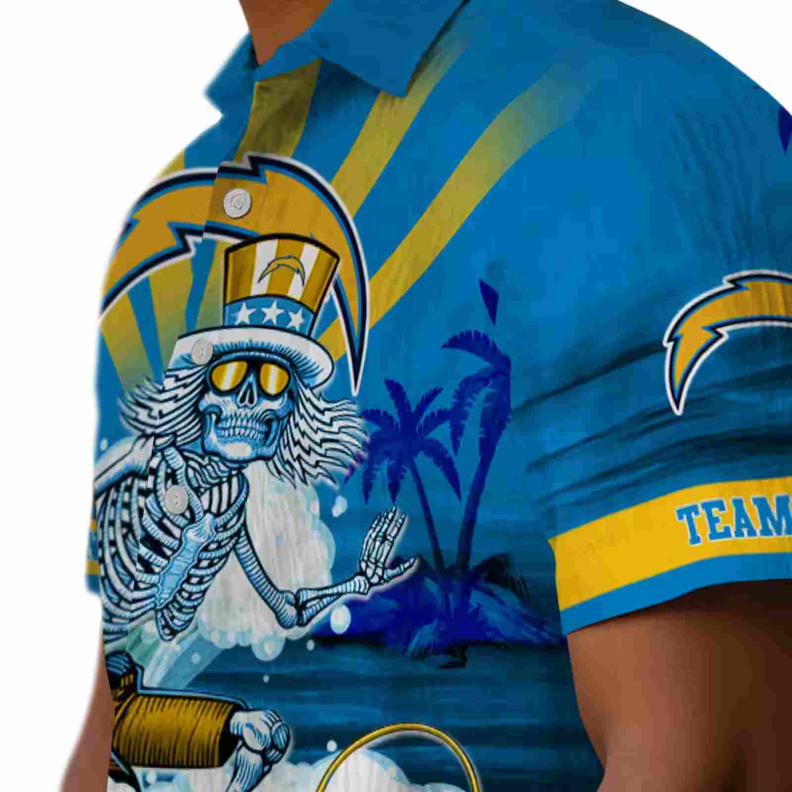 custom los angeles chargers surfing skeleton blue hawaiian shirt trendy