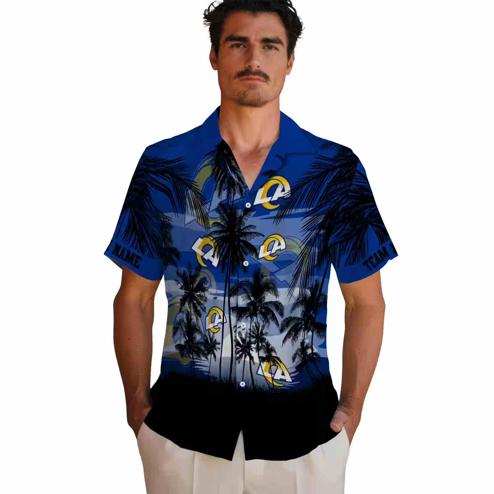 custom los angeles rams sunset scene blue black hawaiian shirt fashion forward