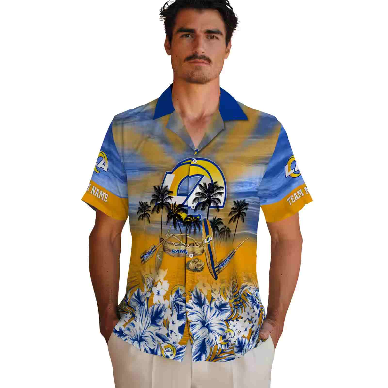 custom los angeles rams tropical canoe blue hawaiian shirt fashion forward