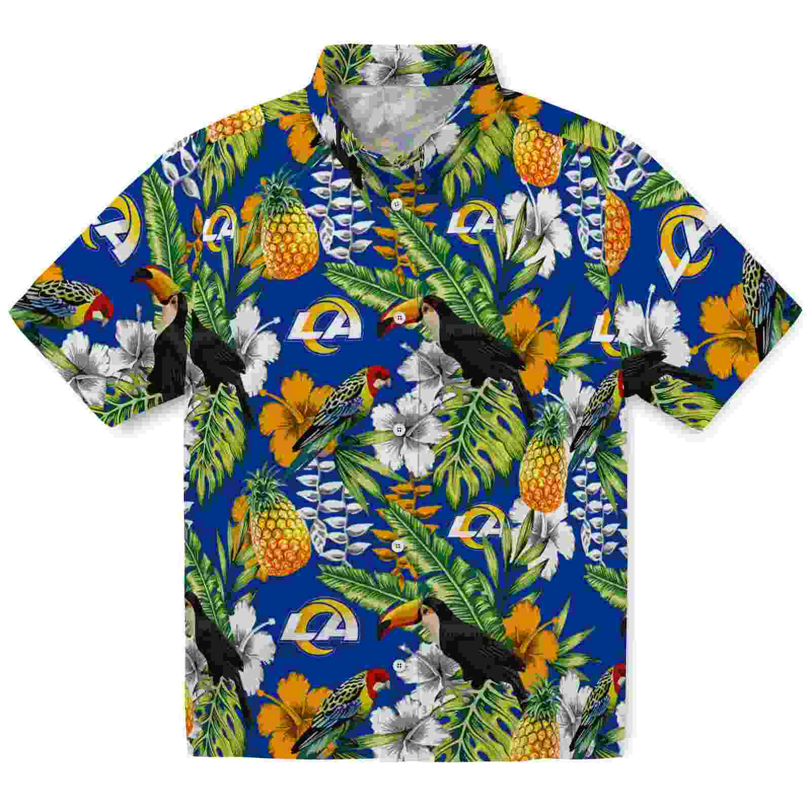 Custom Los Angeles Rams Tropical Toucan Blue Green Hawaiian Shirt