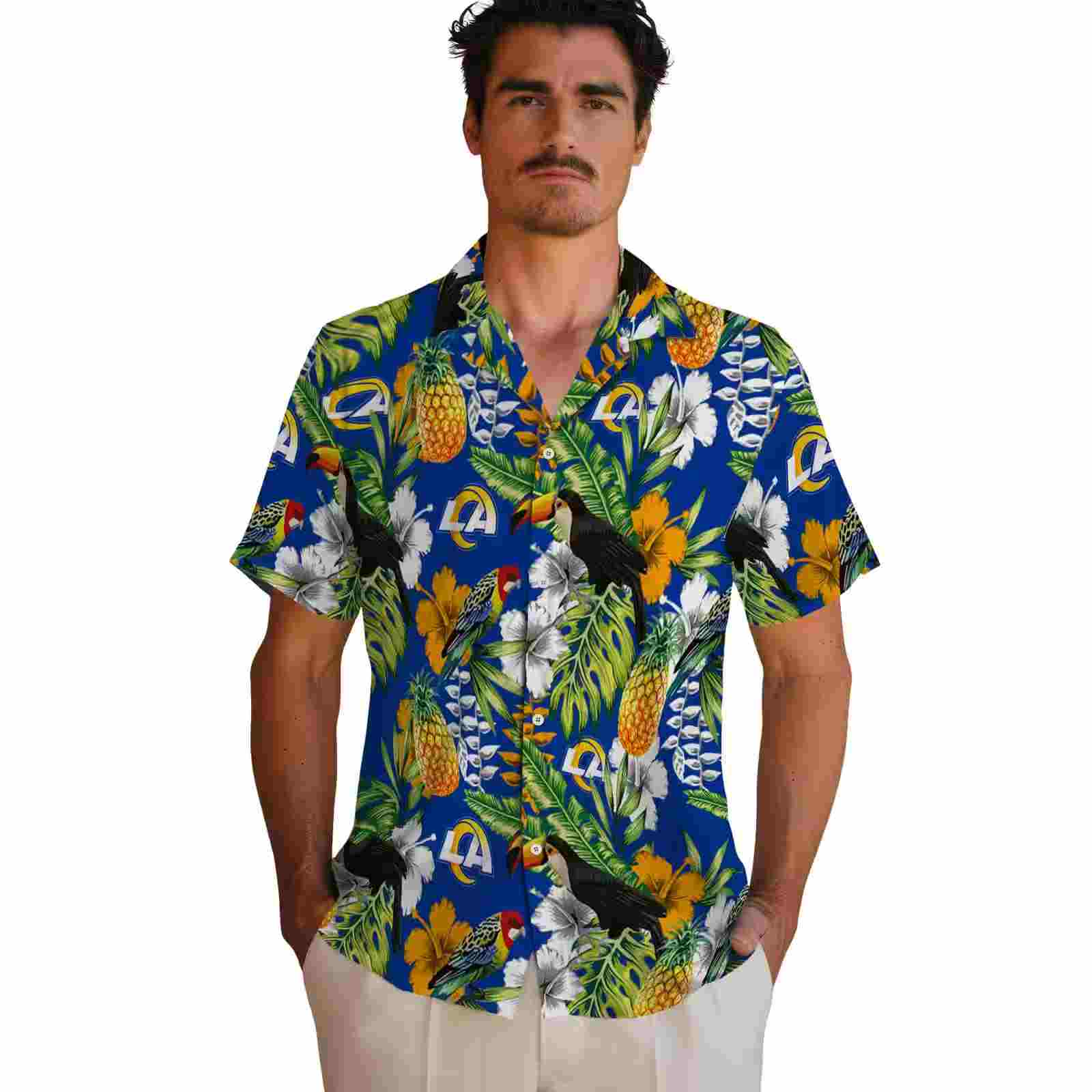 custom los angeles rams tropical toucan blue green hawaiian shirt fashion forward