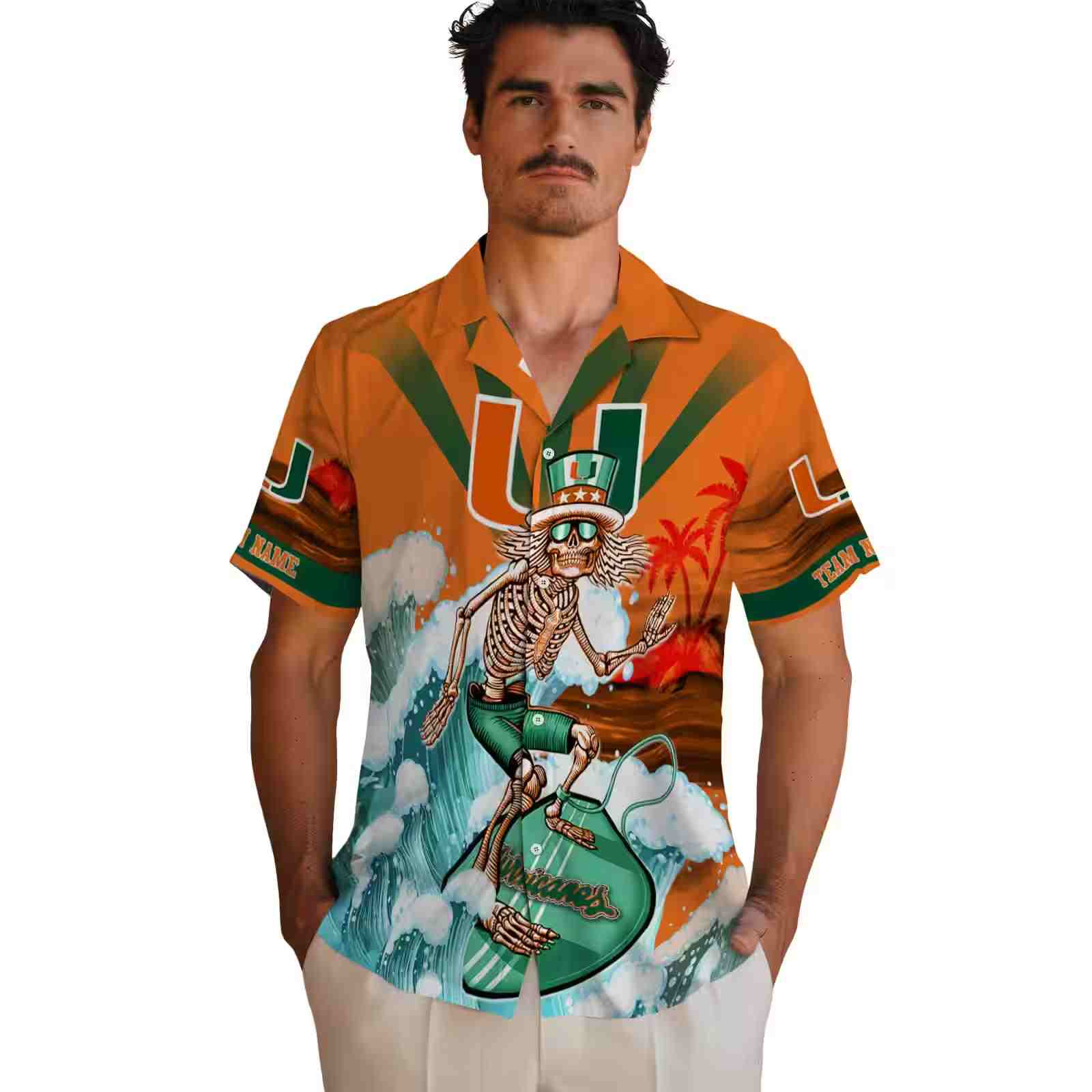 custom miami hurricanes surfing skeleton orange blue hawaiian shirt fashion forward