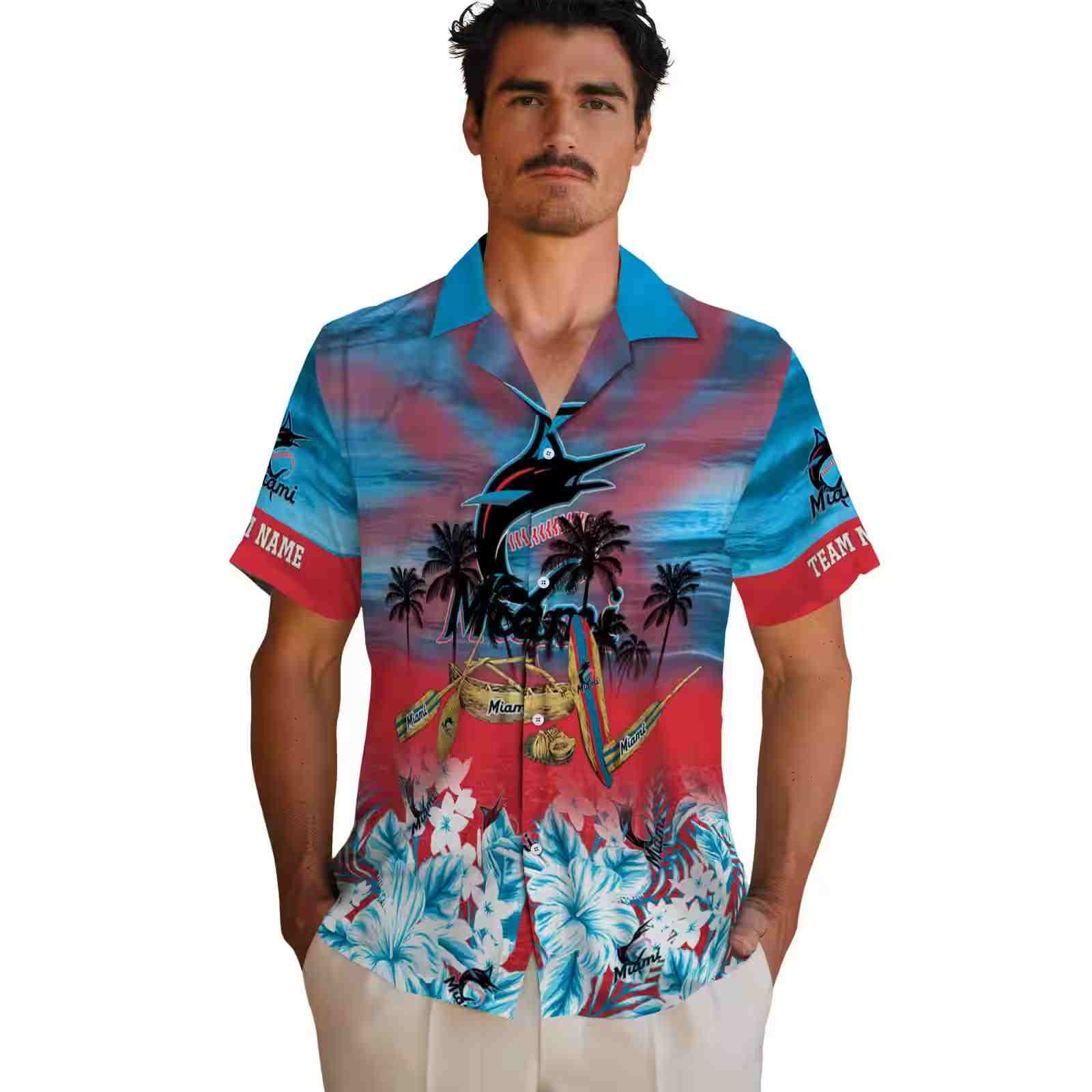 custom miami marlins tropical canoe blue hawaiian shirt fashion forward